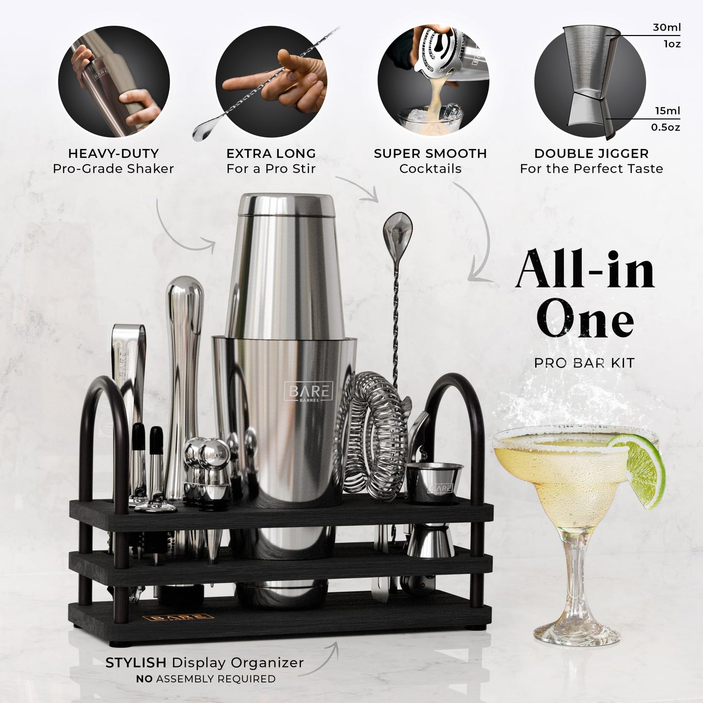 BARE BARREL® Cocktail Making Kit | 14-Piece Bartender Kit Cocktail Shaker Set Maker | Bamboo Display Stand & 35 Recipe Cards | Mixology Cocktail Gift Set (800ml/28oz Boston Shaker, Silver Black)