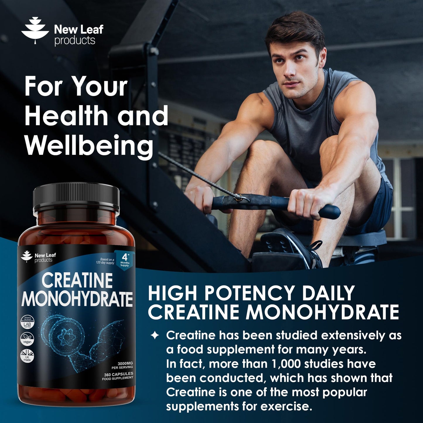 Creatine Monohydrate Capsules 3000mg - 360 Creatine Capsules (3 per Serving) 4 Months Supply- Exercise Workout Gym Supplement for Men & Women - Creatine Monohydrate Powder Capsules - UK Made