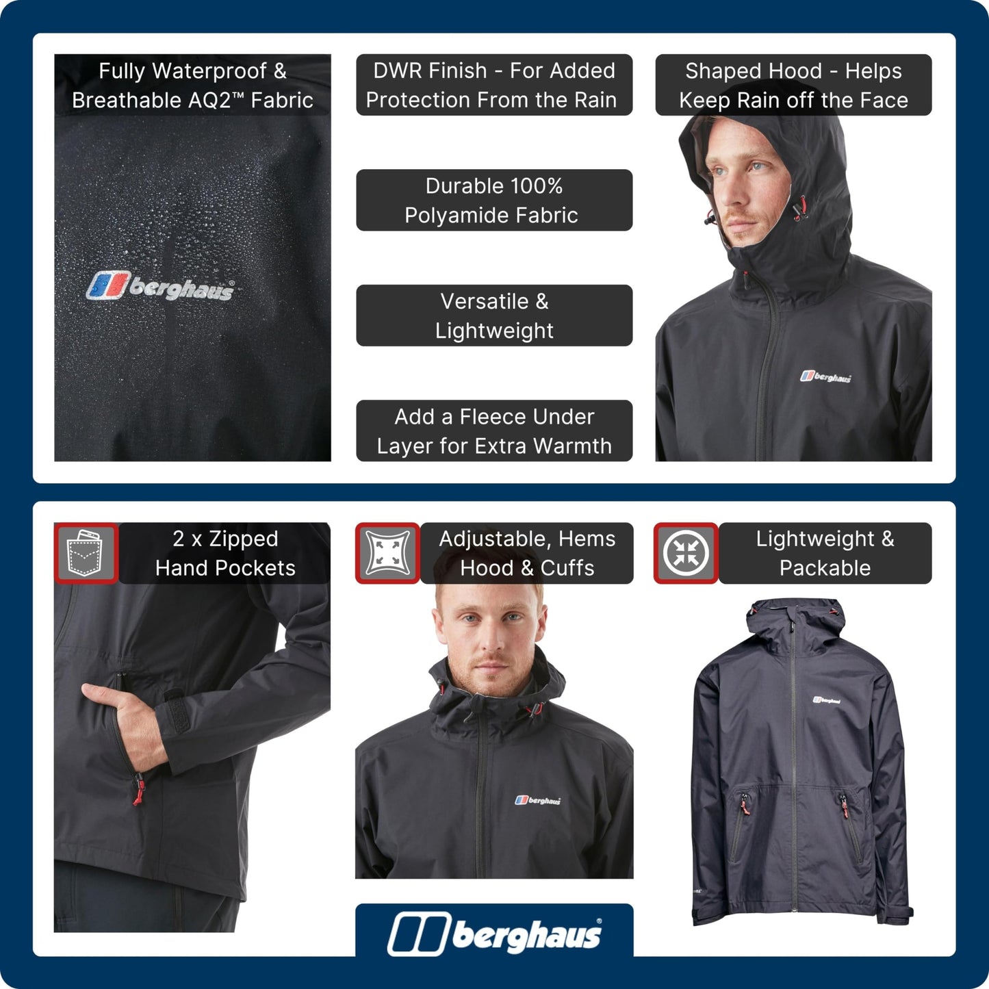 Berghaus Men's Stormcloud Waterproof Jacket with AQ™2 Fabric and Fully Adjustable Hood, Packable Rain Jacket, Black, M