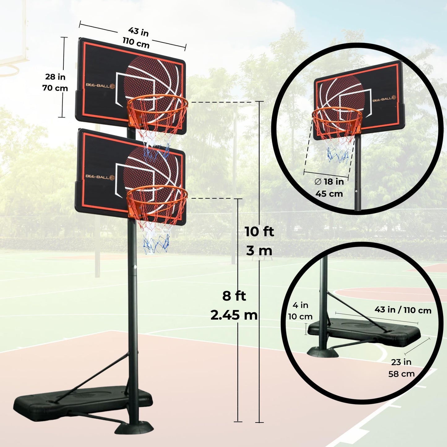 BEE-BALL Pro Bound ZY-015 Full NBA Size 10ft Adjustable Basketball hoop and stand | Outdoor Basketball Backboard and Basketball Net Hoop for Adults/Kids| (3.05m)