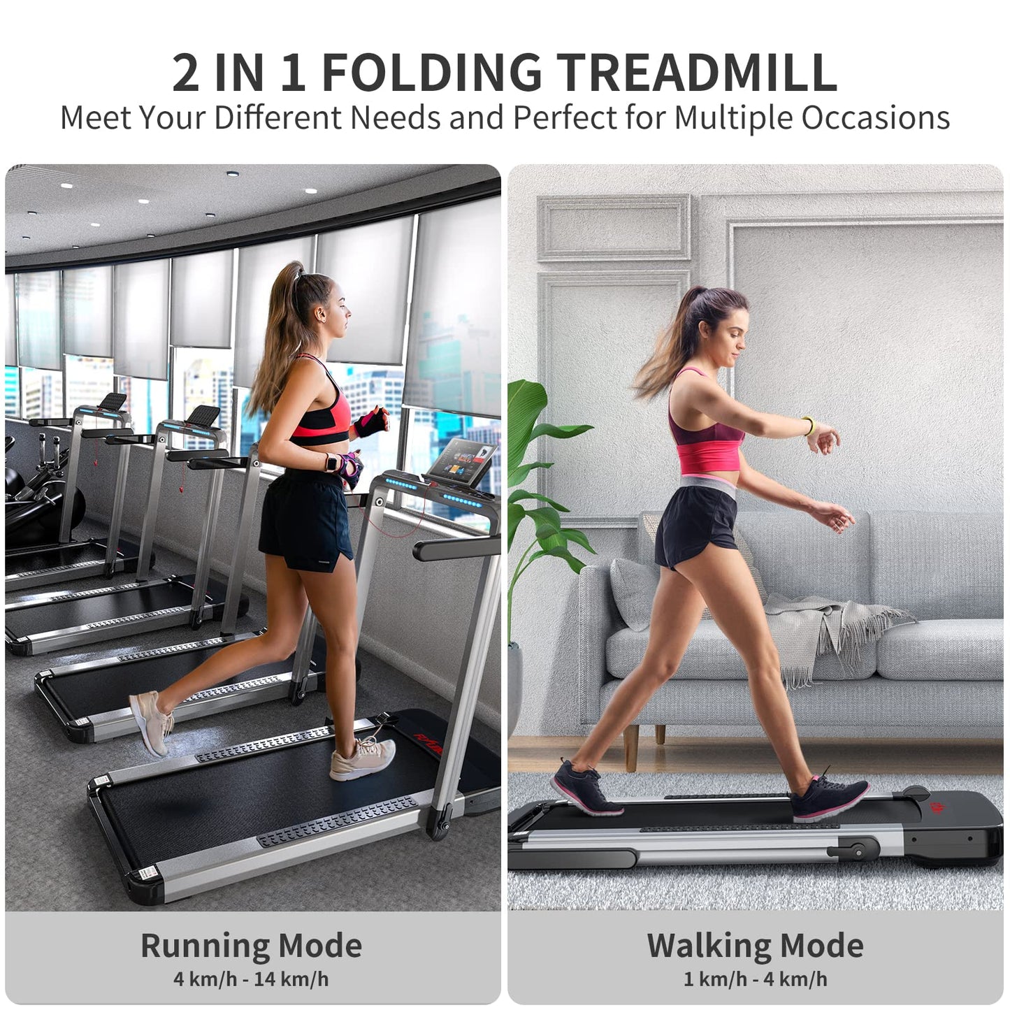 2 in 1 Folding Treadmill, FLYLINKTECH Home Quiet Treadmill with Bluetooth Control, Wide Running Belt, Transport Wheels, 14 km/h, 12 Exercise Modes, LCD Display (Two-year warranty)