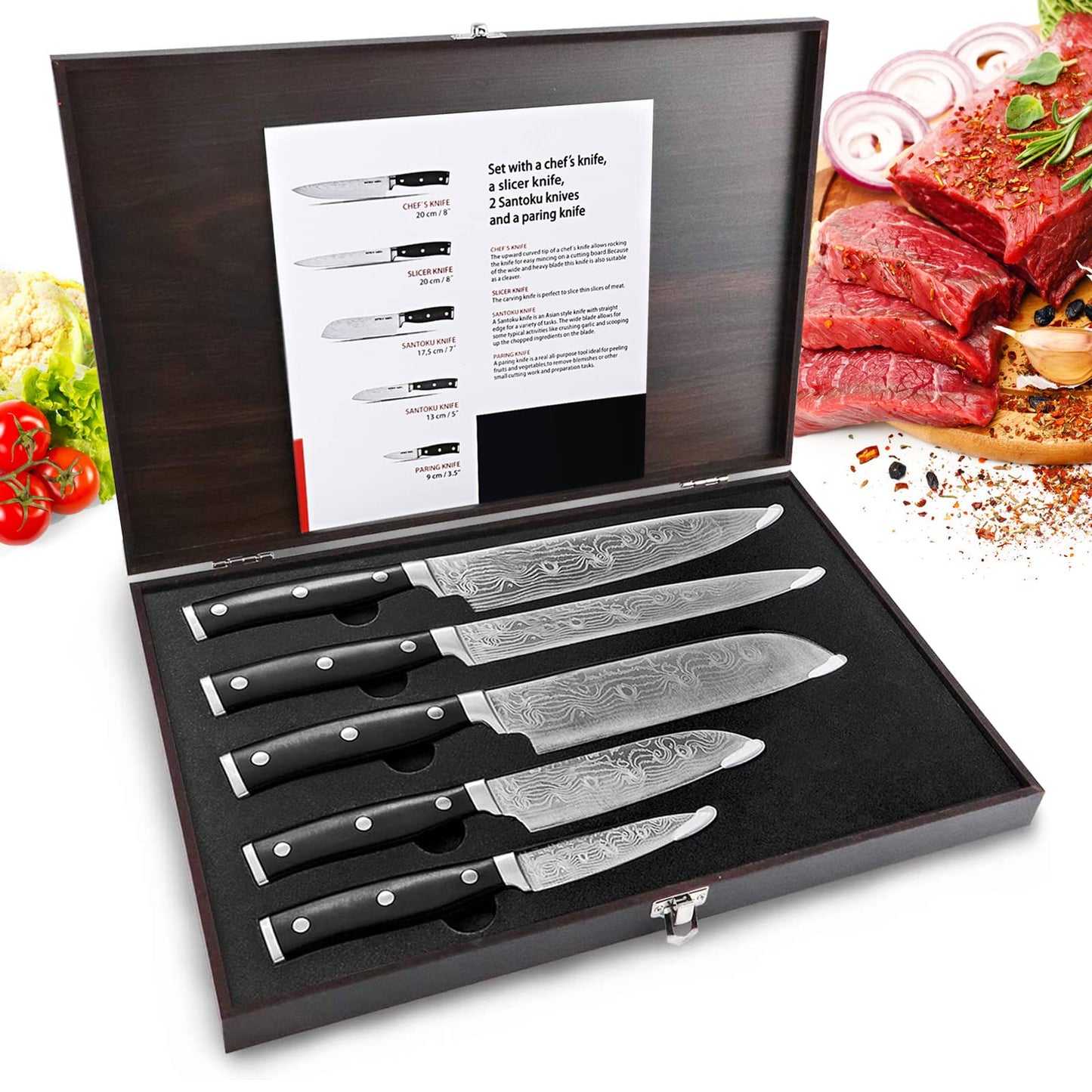 - HUIKAILI Knife Set | 5 Pieces Professional Kitchen Set With Wooden Box -