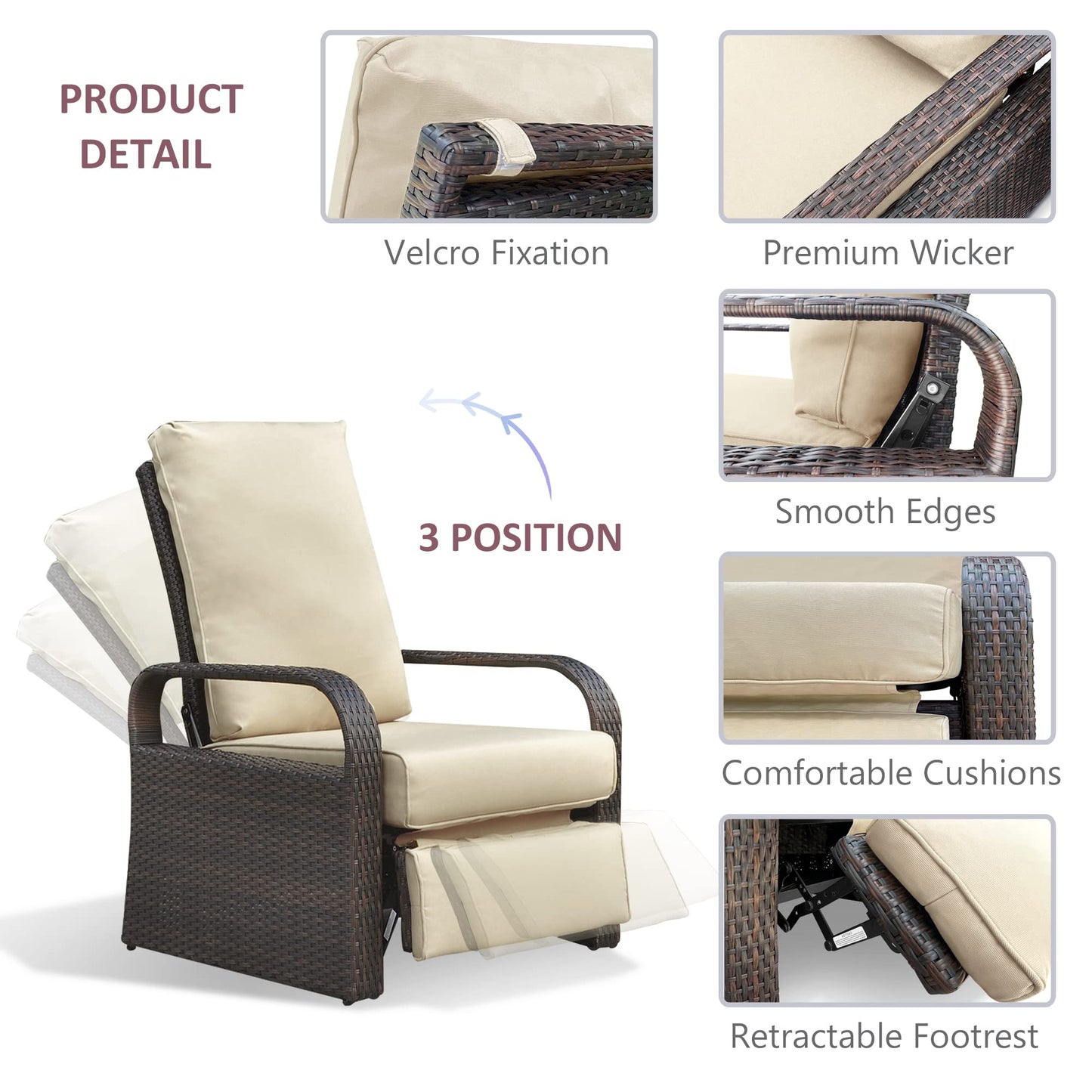ATR ARTTOREAL Garden Recliner Chair,Patio Reclining Rattan Adjustable Position Height Armchair with Footrest and Backrest,Aluminum Frame,Brown Hand-woven Wicker,Khaki Color