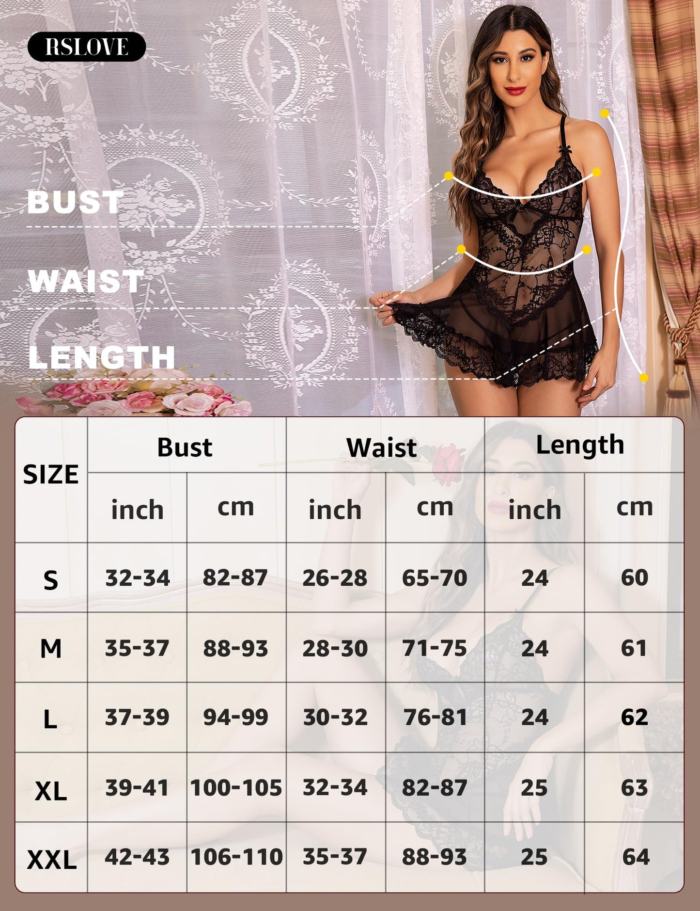 - RSLOVE | Womens Sexy Lingerie Lace Babydoll Mesh Chemise Sleepwear Bridal Nightdress | Black -