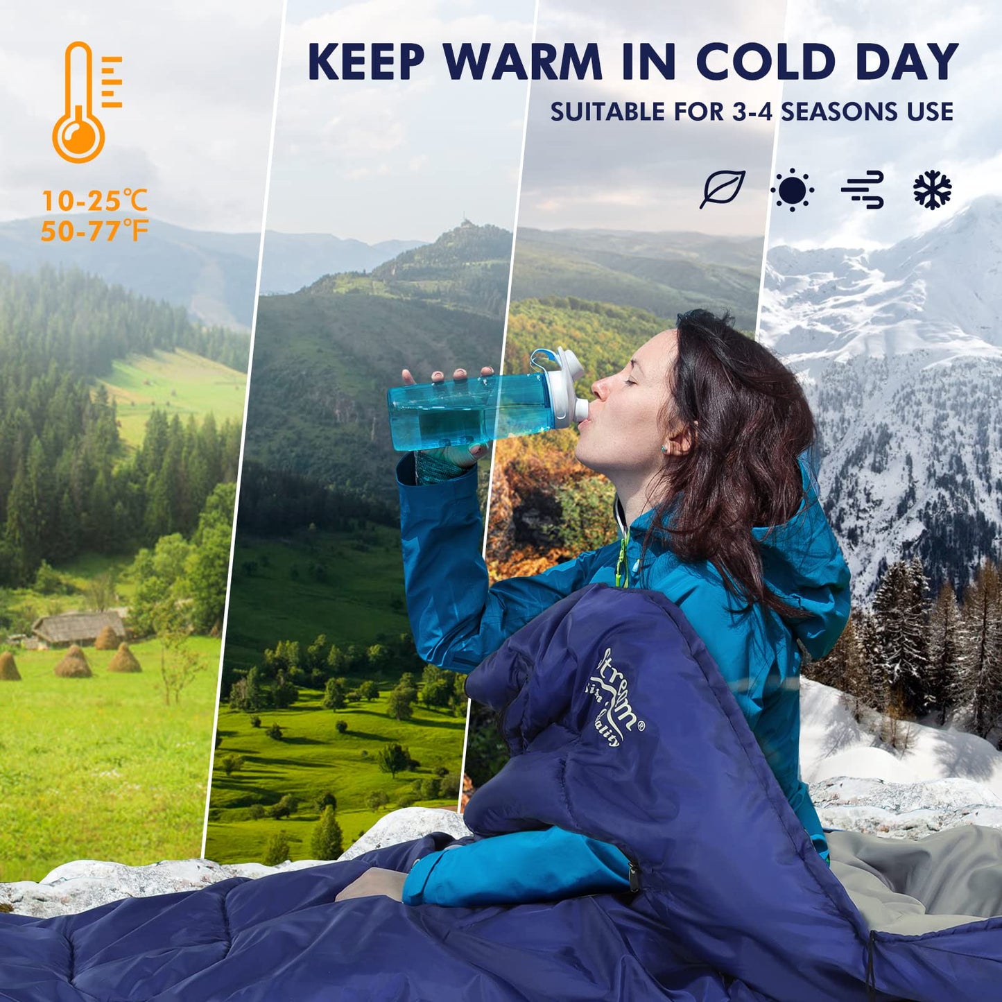 Camping Sleeping Bag - 3 Season Warm & Cool Weather - Lightweight Waterproof Sleeping Bag with Zippered Holes for Adults & Kids - Camping,Traveling, Music Festival and Outdoors (blue)