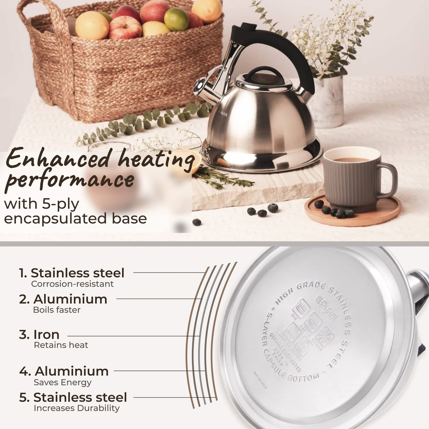 - Pykal Whistling Tea Kettle for Stove Top | 2.8l | Stainless Steel iCool Handle Tea Pot -