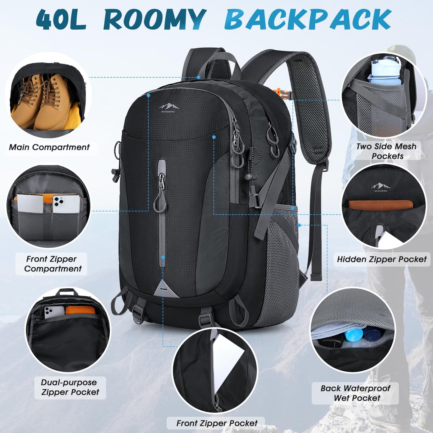 - RAINSMORE Hiking Backpack | 40L Lightweight Foldable Rucksack -