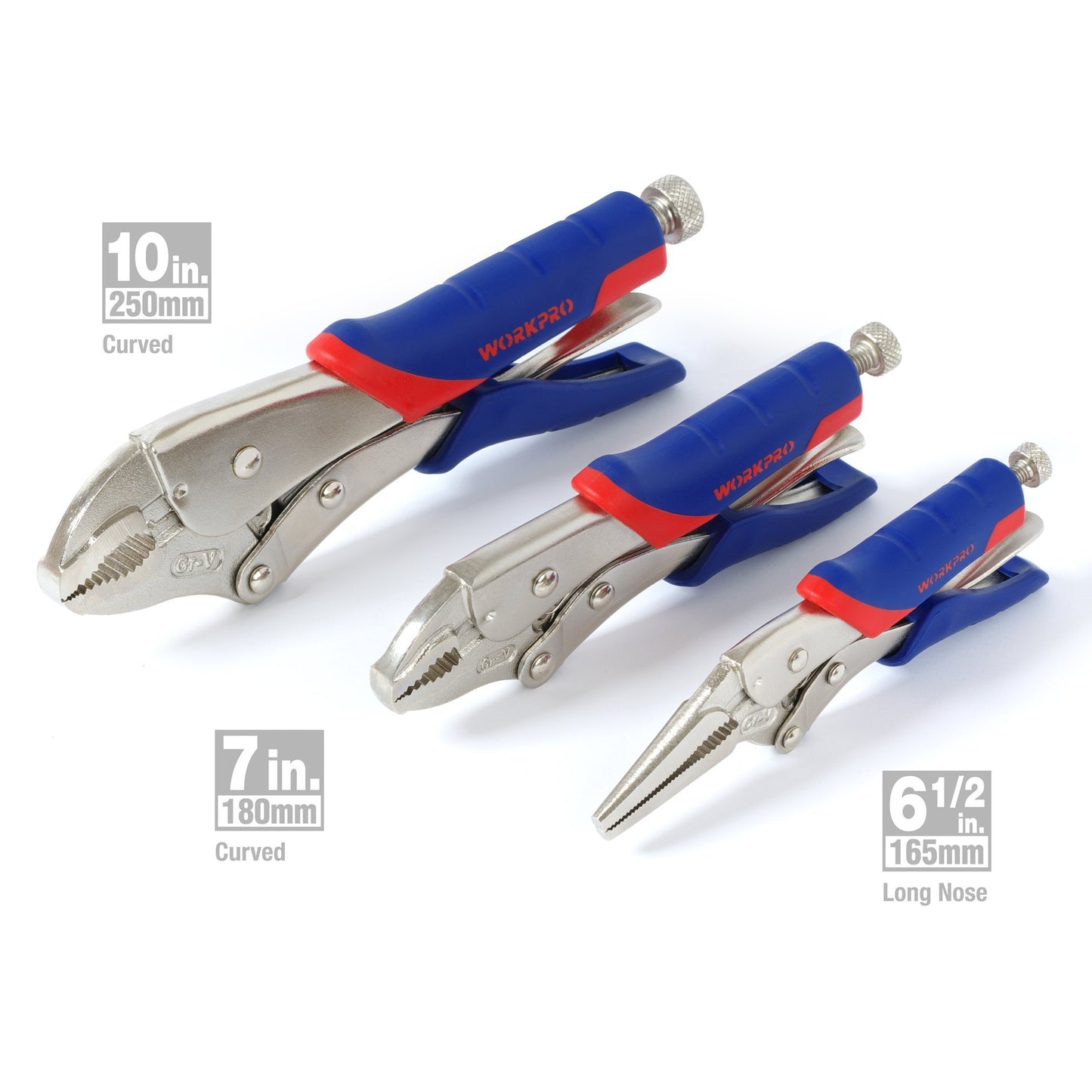 - WORKPRO Locking Pliers Set, CR-V Steel Mole Grips, Quick-Release & Self-Locking with Soft Grip, 10-Inch & 7-Inch Curved Jaw, 6-1/2 Inch Straight Jaw, 3-Piece