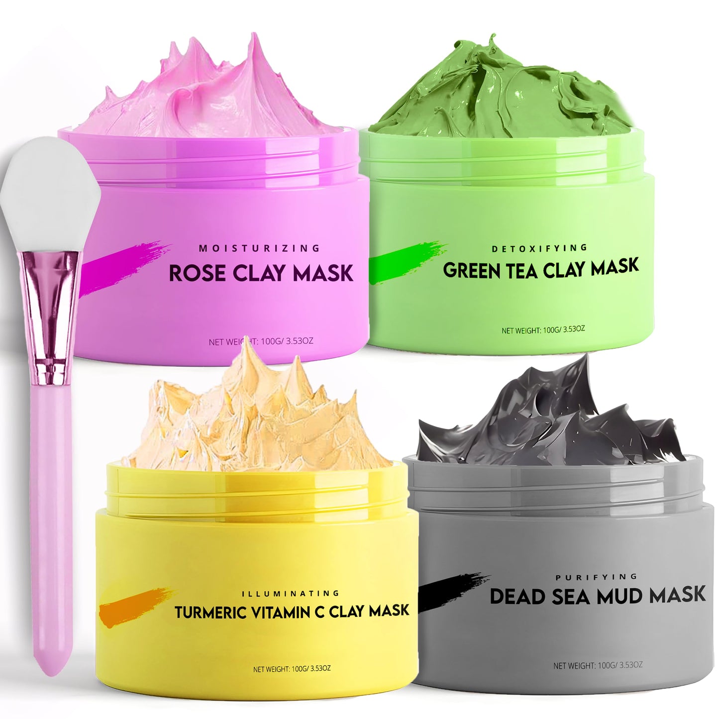 Clay Mask | Clay Face Mask | Premium Pack of 4(400g) With Bonus Headband & Brush | Turmeric Vitamin C Clay Mask For Face, Green Tea, Rose, Dead Sea Mud Mask | Deep Pore Cleansing & Brightening