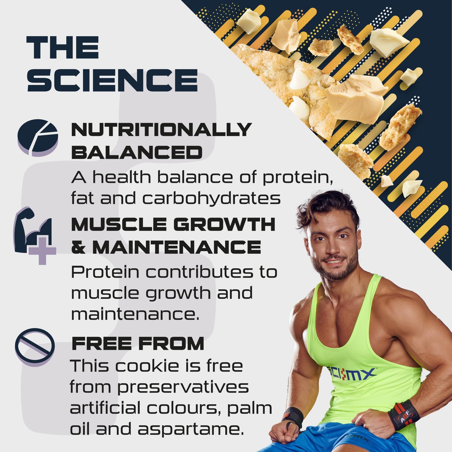 - SCI-MX High Protein White Choc Chip Blondie Box | 20g protein, 2g sugar + 259 calories per blondie | Pack of 12 x 65 g -