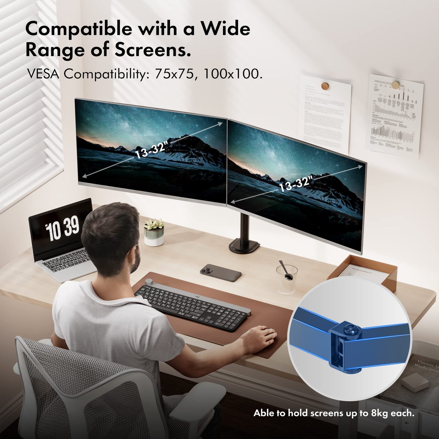 - VonHaus Dual Monitor Stand for 13-32" Screens, Twin Monitor Mount with Desk Clamp