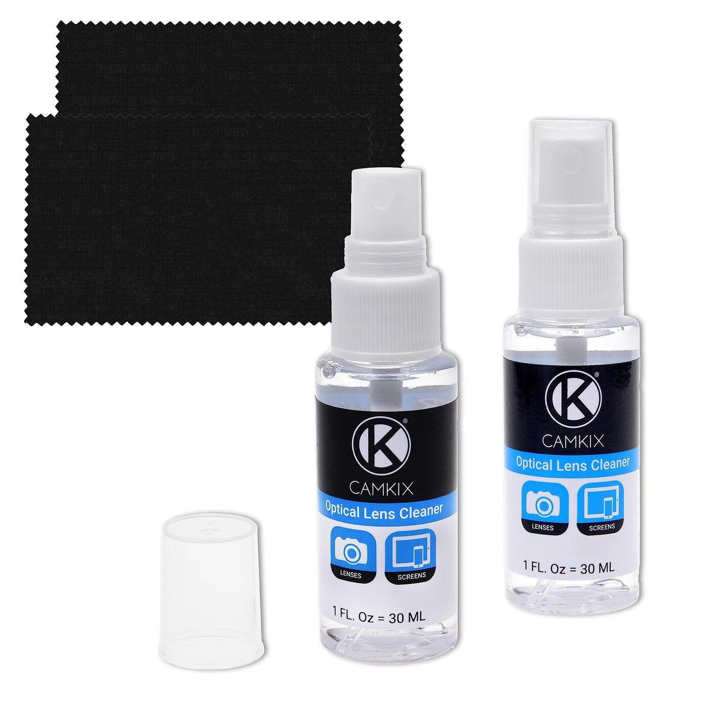 Camkix Lens and Screen Cleaning Kit - 2x cleaning spray, 2x microfiber cloth - Perfect to clean the lens of your DSLR or camera - Also great for your smartphone, tablet, notebook, etc.