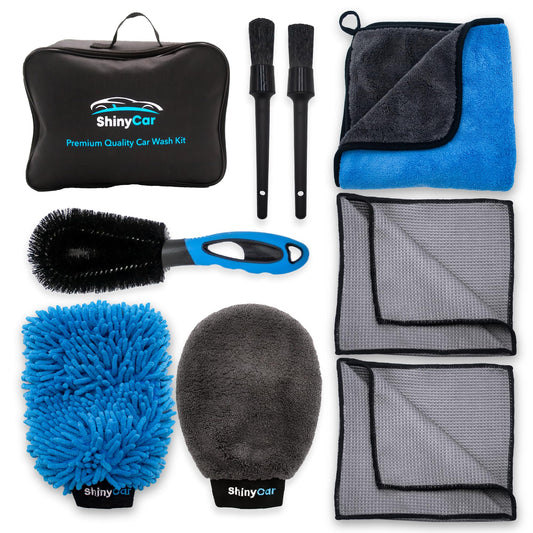 - ShinyCar® UK | Premium Car Washing Kit With Bag | Microfibre Valet Wash Mitts, Large Exterior Drying Towel, Waffle Cloths, Alloy Wheel Cleaning Brush, Detailing Brushes, Valeting Product Gift Set -