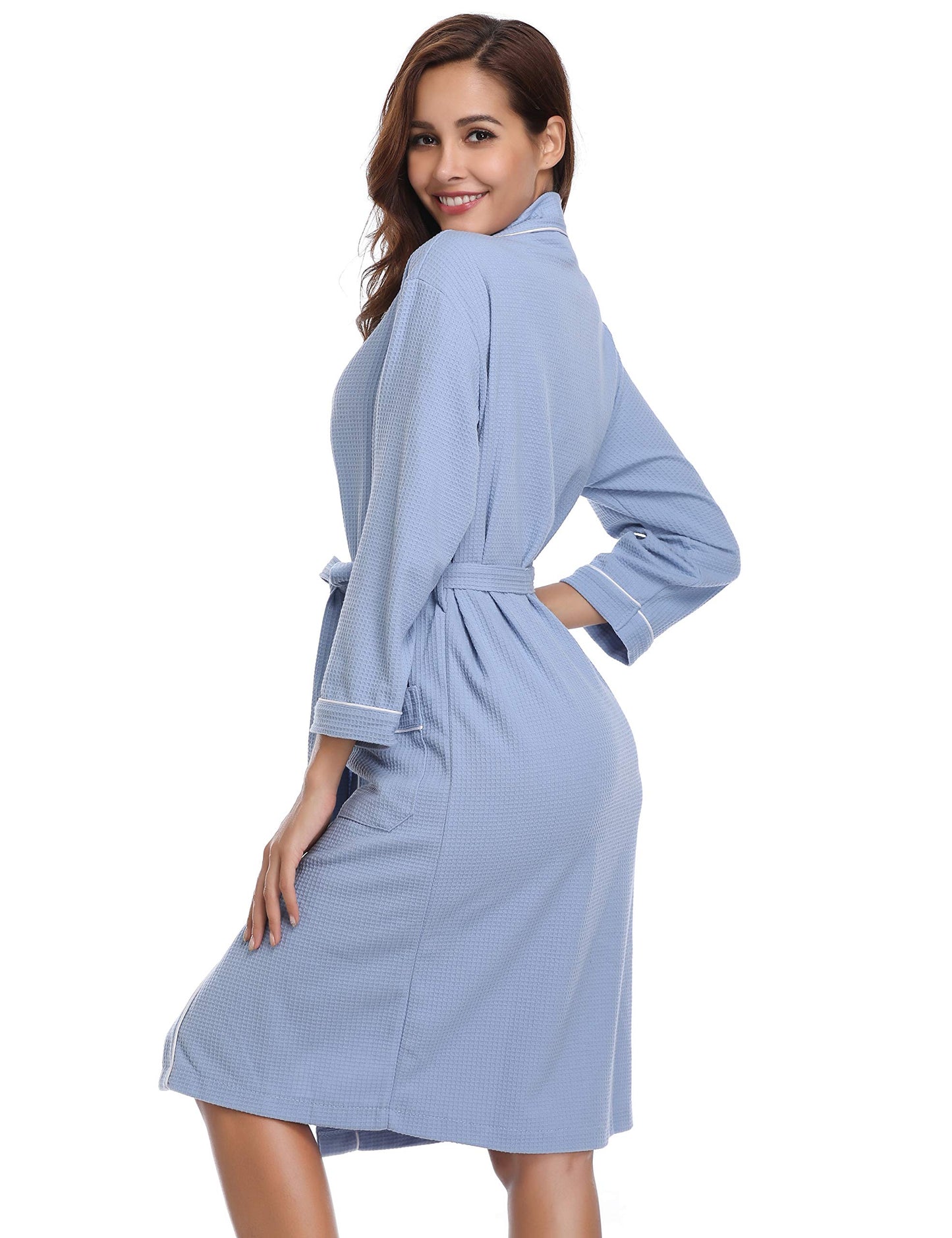 - Vlazom Waffle Dressing Gowns Unisex Kimono Robe Cotton Lightweight Bathrobe -