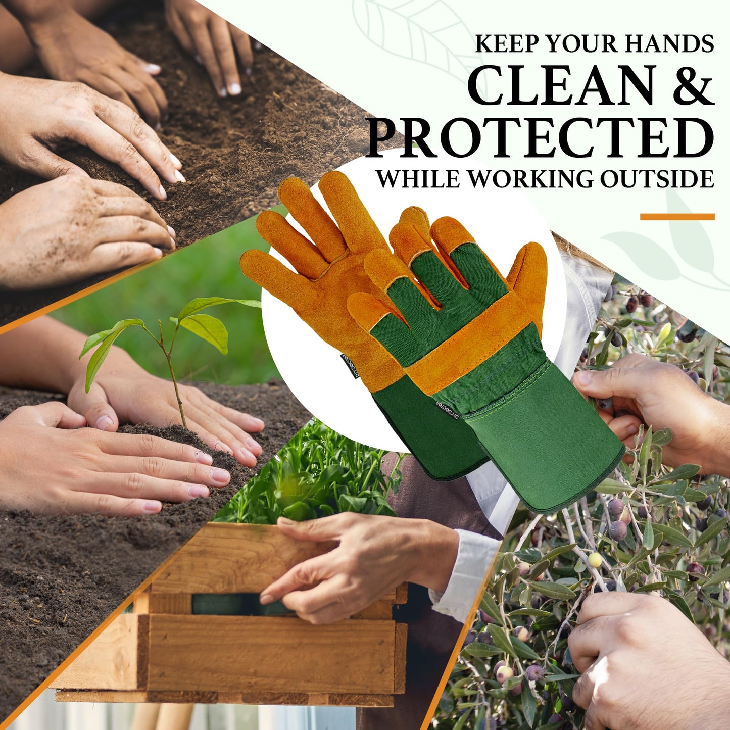 - DIY Doctor - 1x Pair Unisex Leather Heavy Duty Gardening Gloves | Leather Work Gloves -