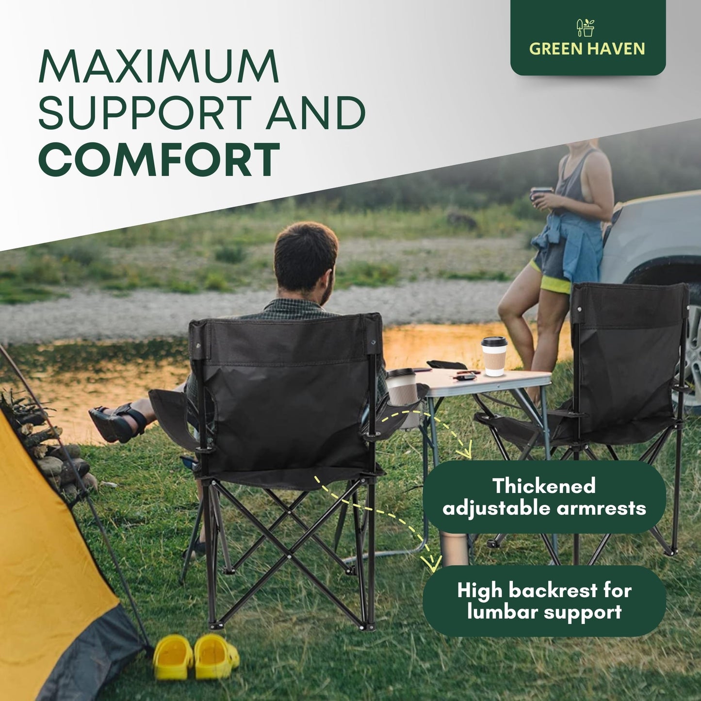 - Green Haven Camping Folding Chair | Black Lightweight Chair | 600D Polyester & Rip Stop | Heavy Duty Steel Frame Arm Chair with Cup Holder | Portable Chair for Outdoor & Camping -