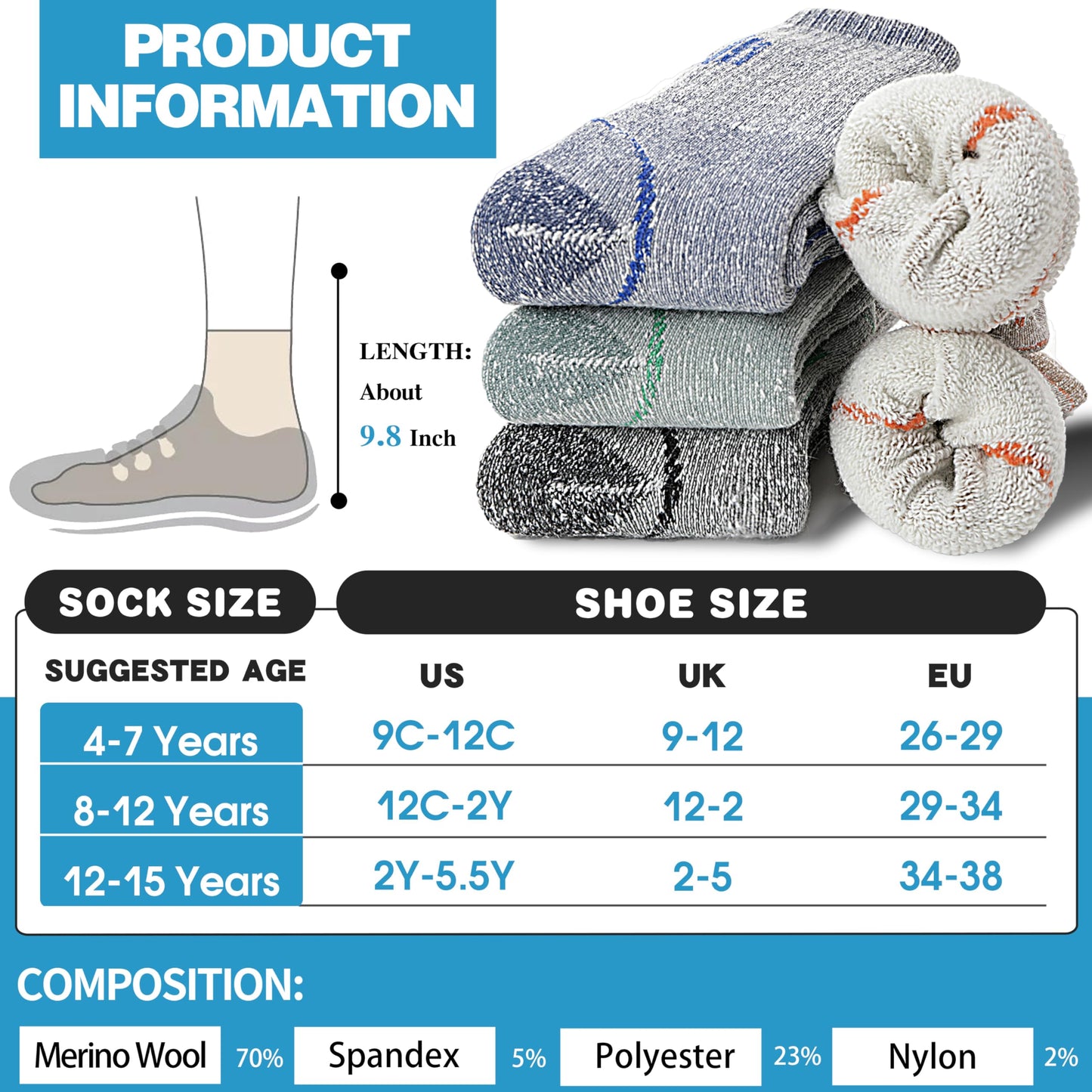 Anlisim Kids Merino Wool Hiking Socks Boys Girls Thermal Winter Warm Boot Thick Snowboarding Socks 4 Pairs for Teen Gifts Stocking Fillers(Assorted,8-12 Years)