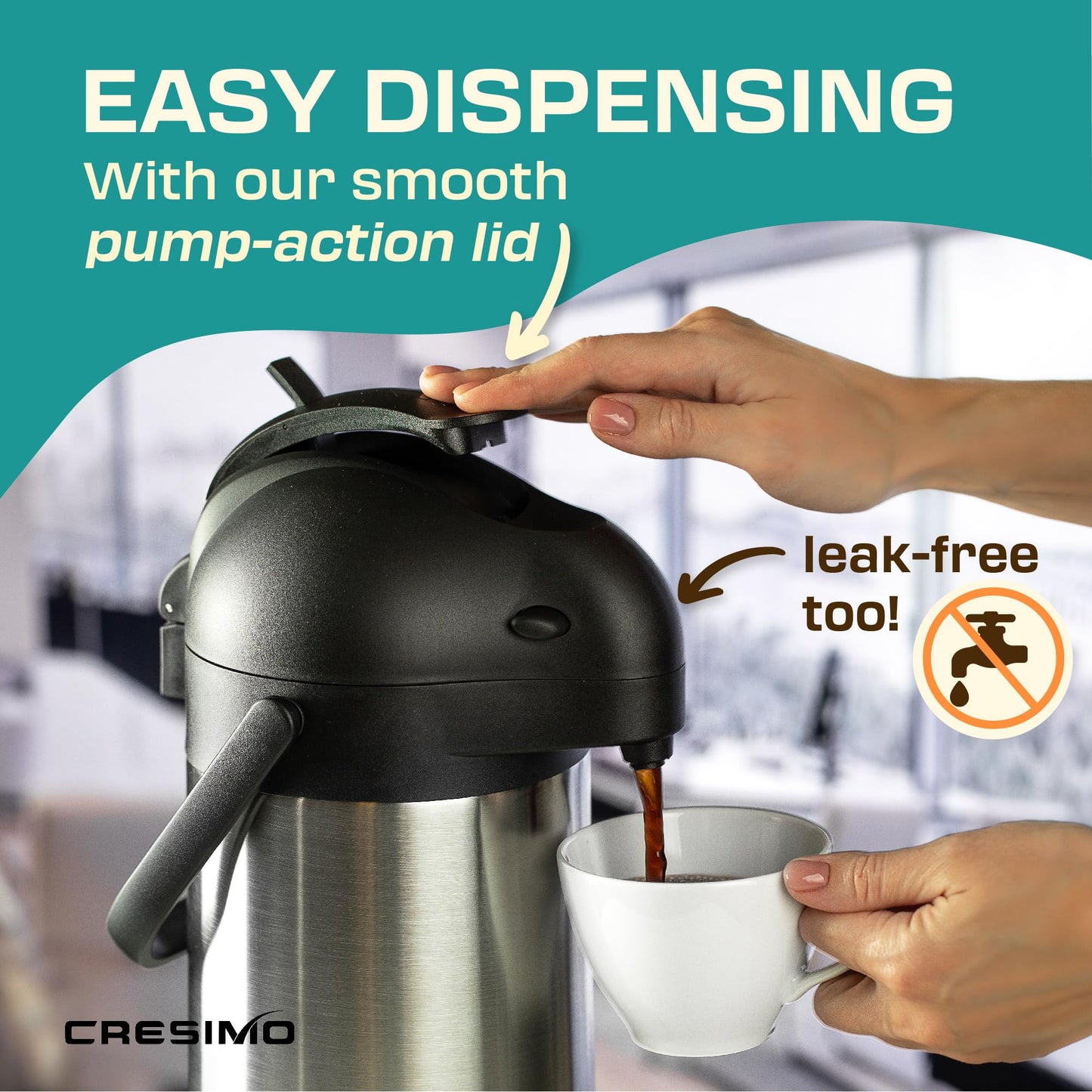2.2L Coffee Carafe Hot Water Flask | Stainless Steel Pump Tea Flasks for Hot Drinks to Keep Drinks 12 Hours Hot / 24 Hours Cold | Insulated Tea Dispenser, Lab Tested Thermal Teapot - Cresimo