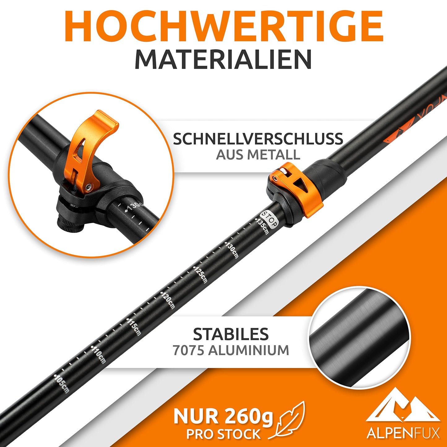 ALPENFUX® Premium Telescopic Hiking Poles, Trekking Poles, Nordic Walking Poles, Lightweight and Adjustable with Cork Handle for Men and Women, Black, Orange