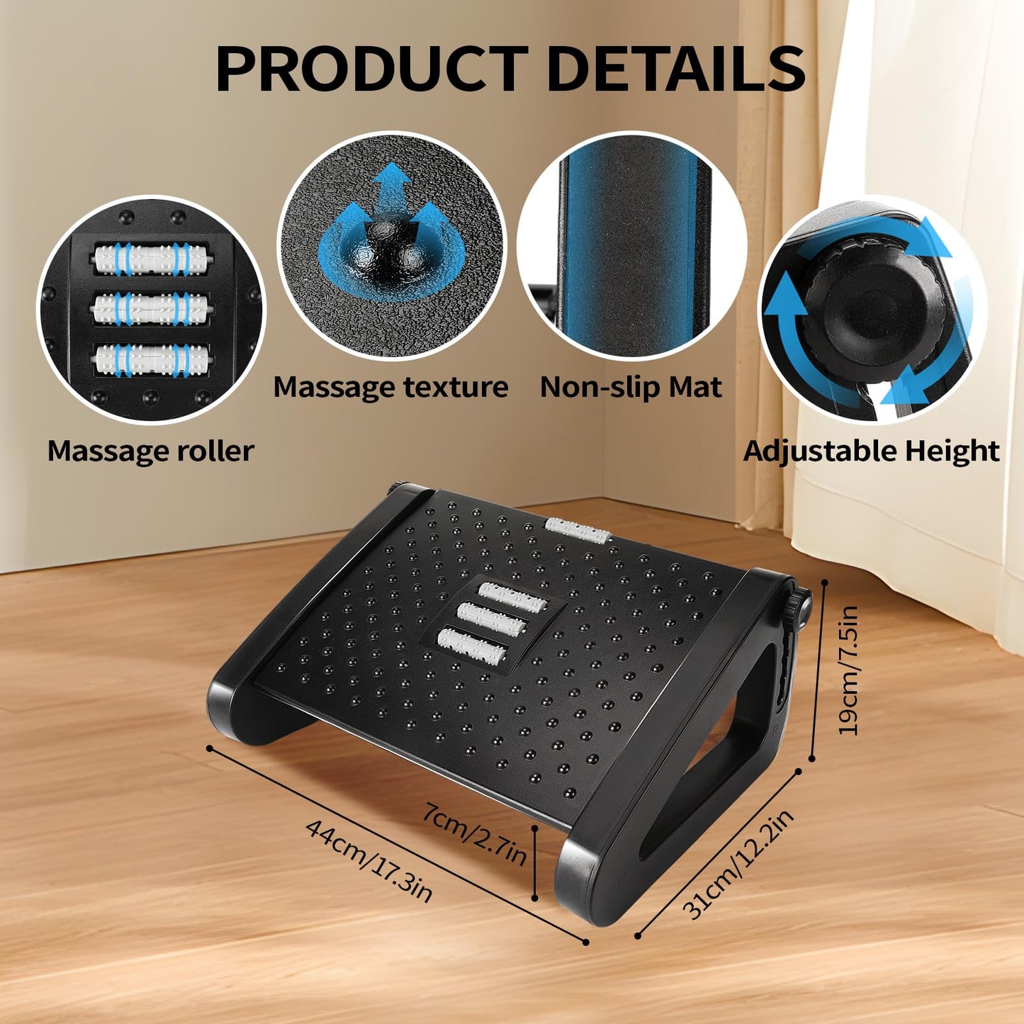 AMUSPK Office Foot Rest, Adjustable Height Footrest Under Desk, Ergonomic Foot Stool with Large Roller Massager for Office, Pressure Relief, Straightening The Hunchback, Father's Day Gifts