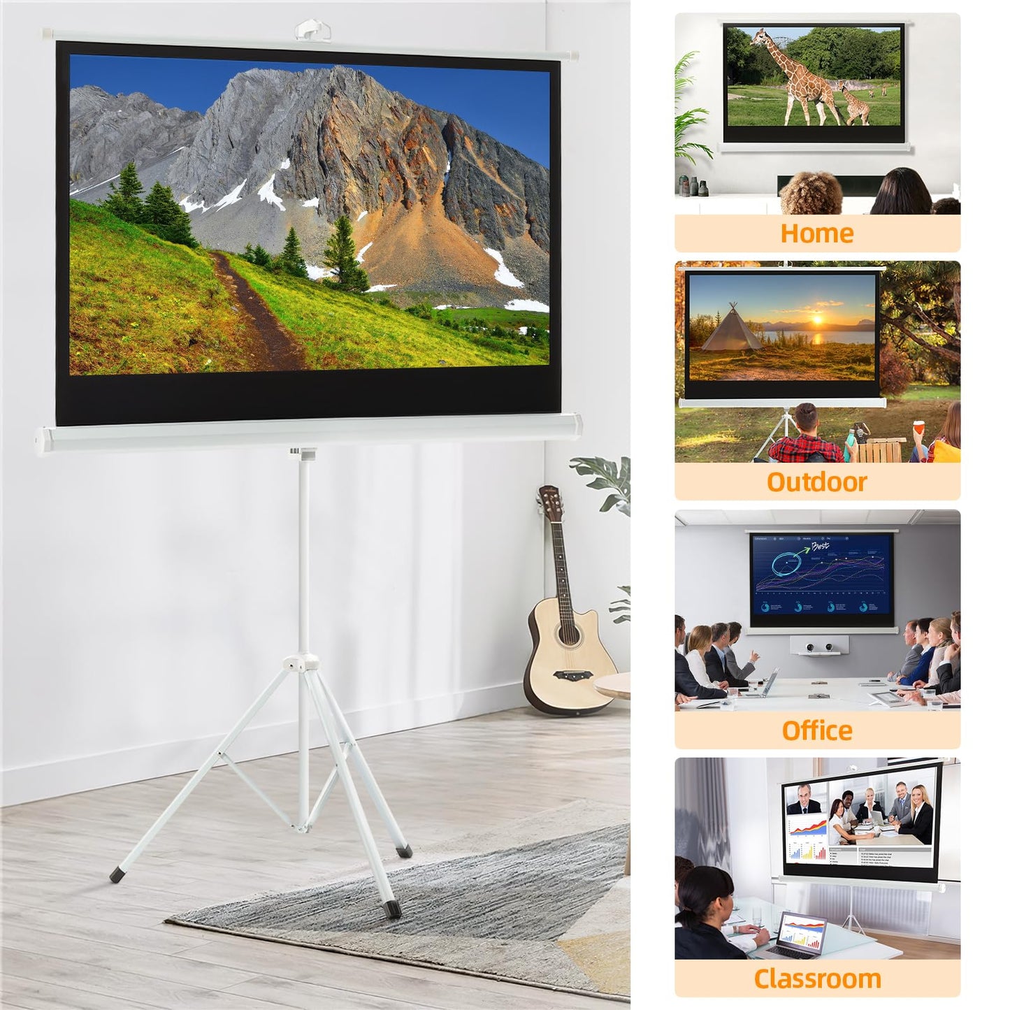 - FIDOOVIVIA Projector Screen and Stand | 16:9 4K HD Projector Screen | Portable Projector Screen 1:1 Format for Home Cinema Theater Presentation Education Outdoor Indoor Public Display | Size:172x89cm -