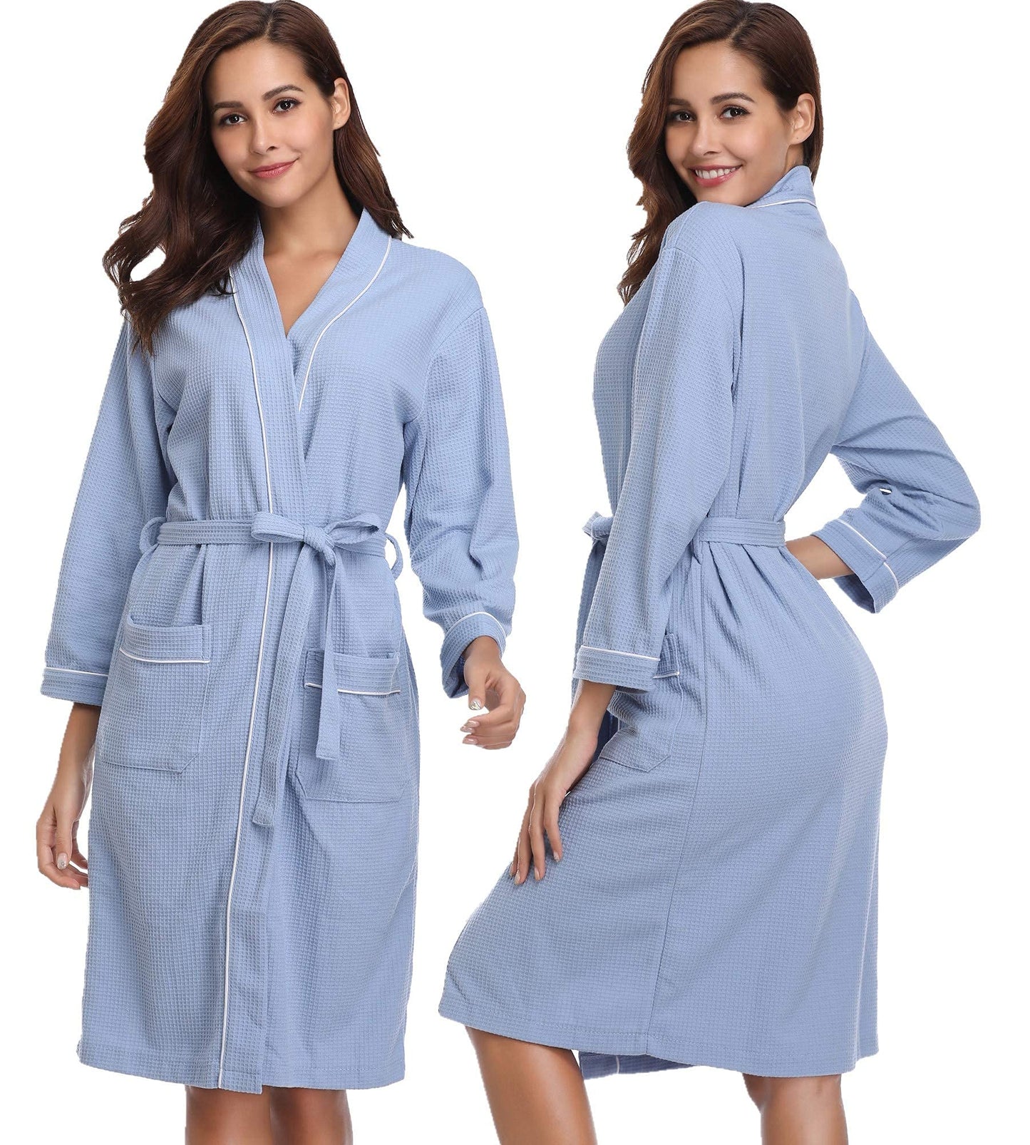 - Vlazom Waffle Dressing Gowns Unisex Kimono Robe Cotton Lightweight Bathrobe -