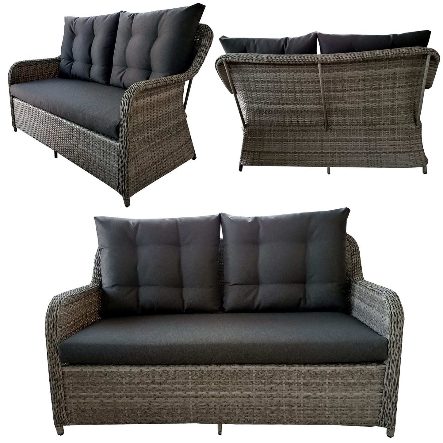 Chusstang Garden Rattan Sofa Set 6 Seaters, Patio Sofa Dining Table Set, Aluminum Frame Wicker Weave Furniture Set, Included Dining Table+Loveseat+ 2 Armchair+2 Stool -Gray