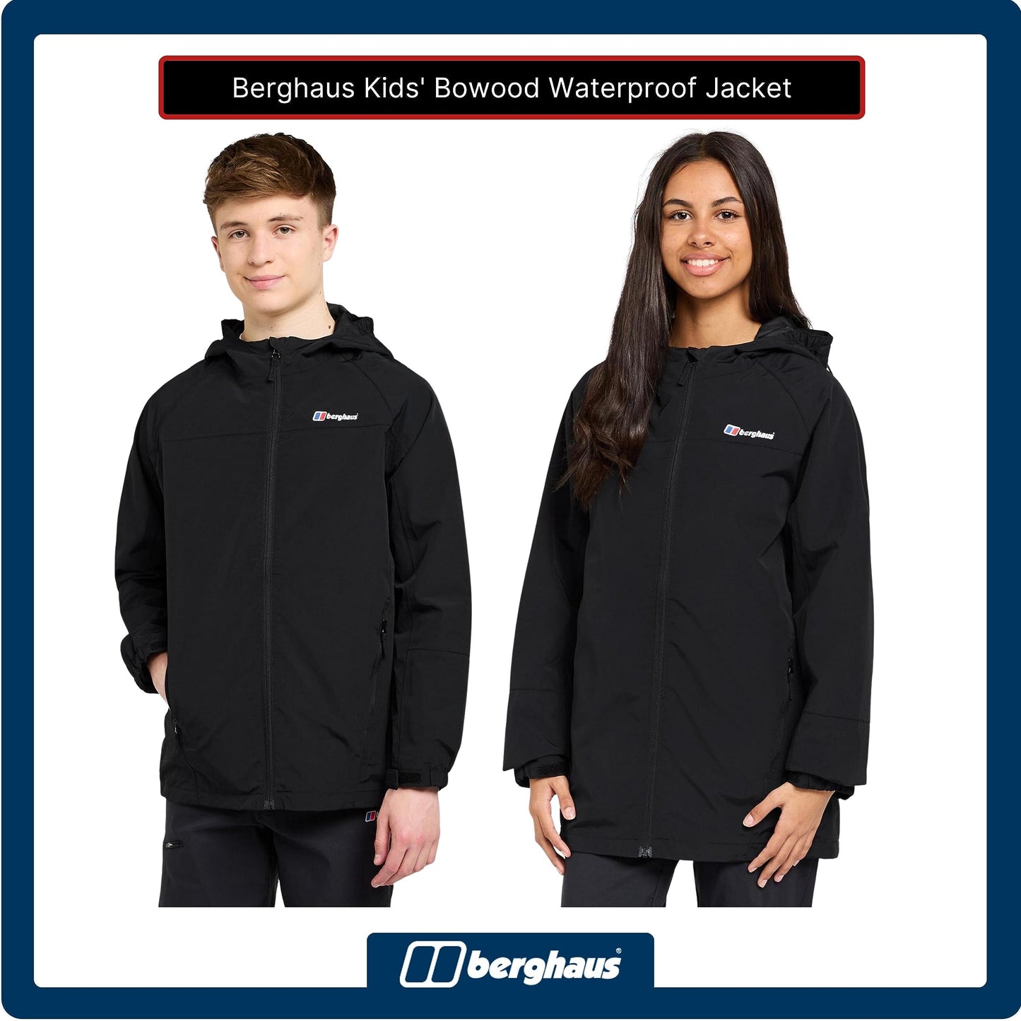 Berghaus Bowood Kids' Waterproof Jacket with Adjustable Hood, Kids' Rain Coat, Kids' Hiking & Outdoor Recreation Clothing (13 Years, Black)