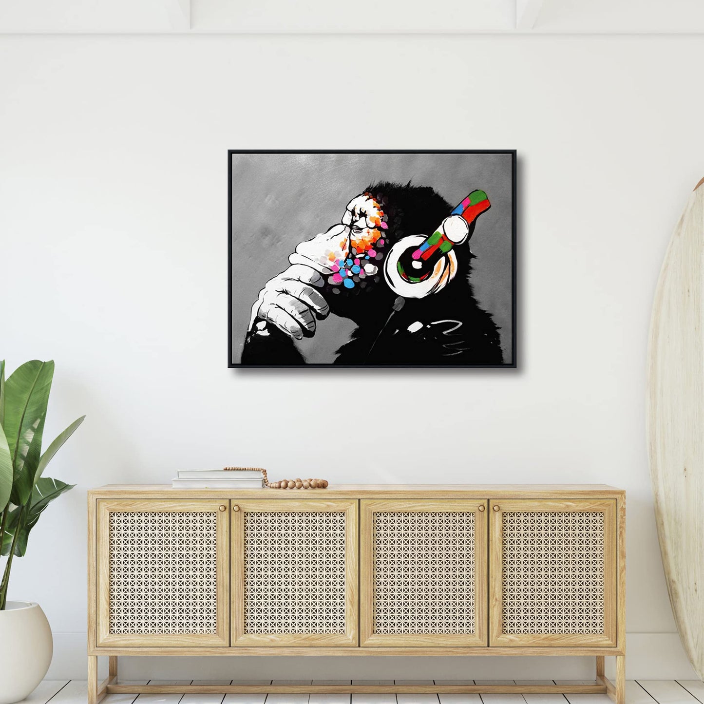 - Large Black Framed Monkey With Headphones Banksy