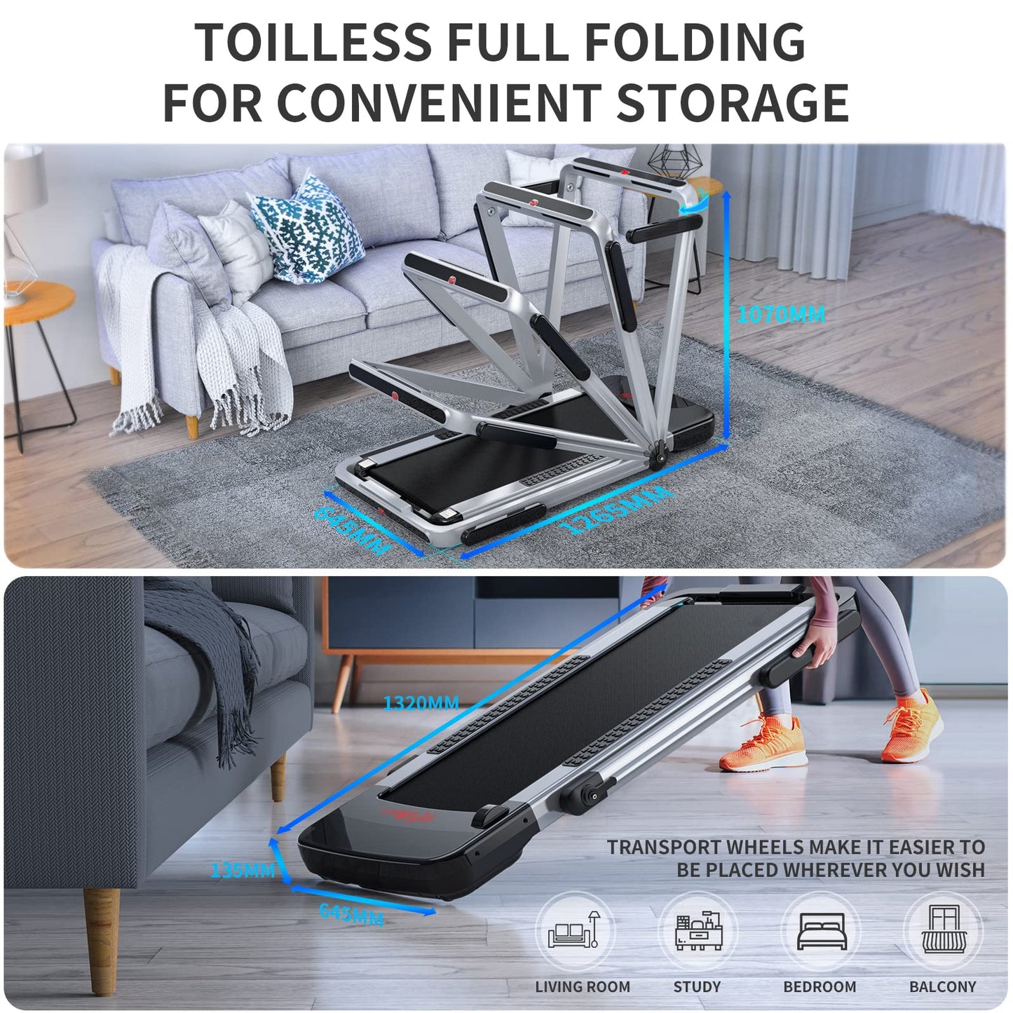 2 in 1 Folding Treadmill, FLYLINKTECH Home Quiet Treadmill with Bluetooth Control, Wide Running Belt, Transport Wheels, 14 km/h, 12 Exercise Modes, LCD Display (Two-year warranty)
