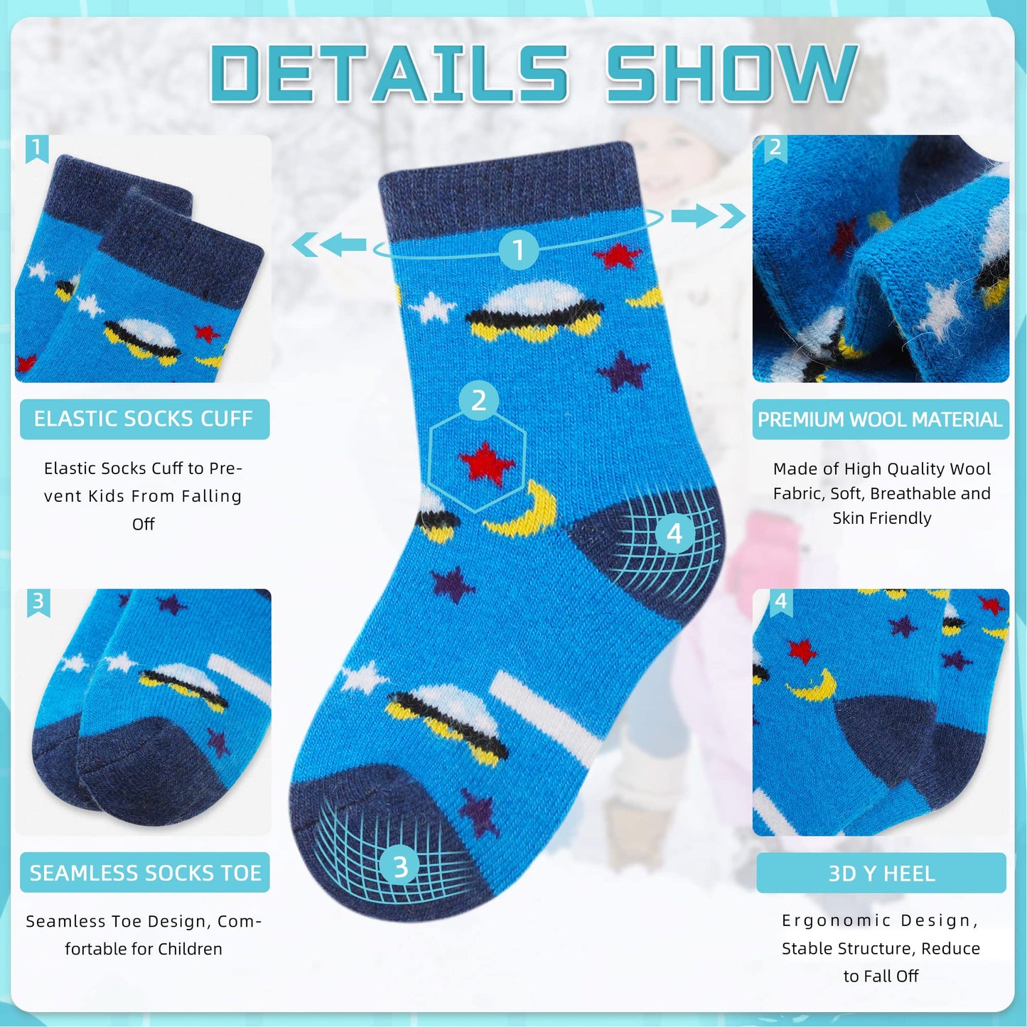 - Eocom Kids Wool Socks For Boys Girls | Warm Hiking Thermal Winter Toddlers Crew Boot Socks | 6 Pairs | ( 1-3 Years) -