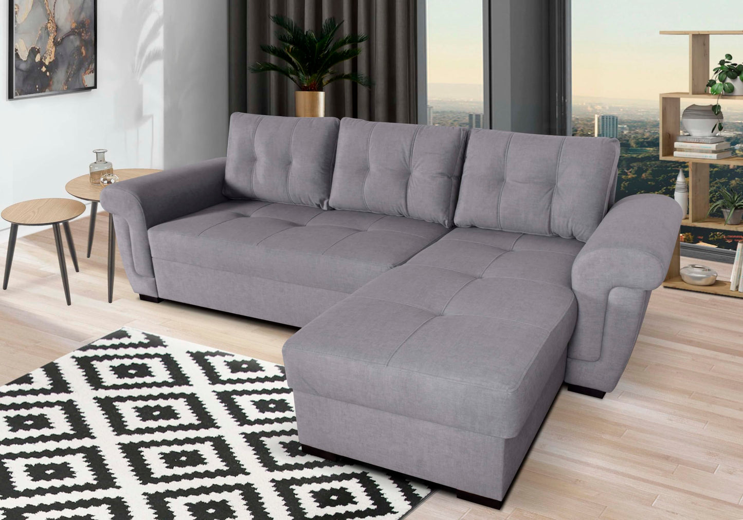 Corner Sofa bed with Storage Black Fabric Grey Leather