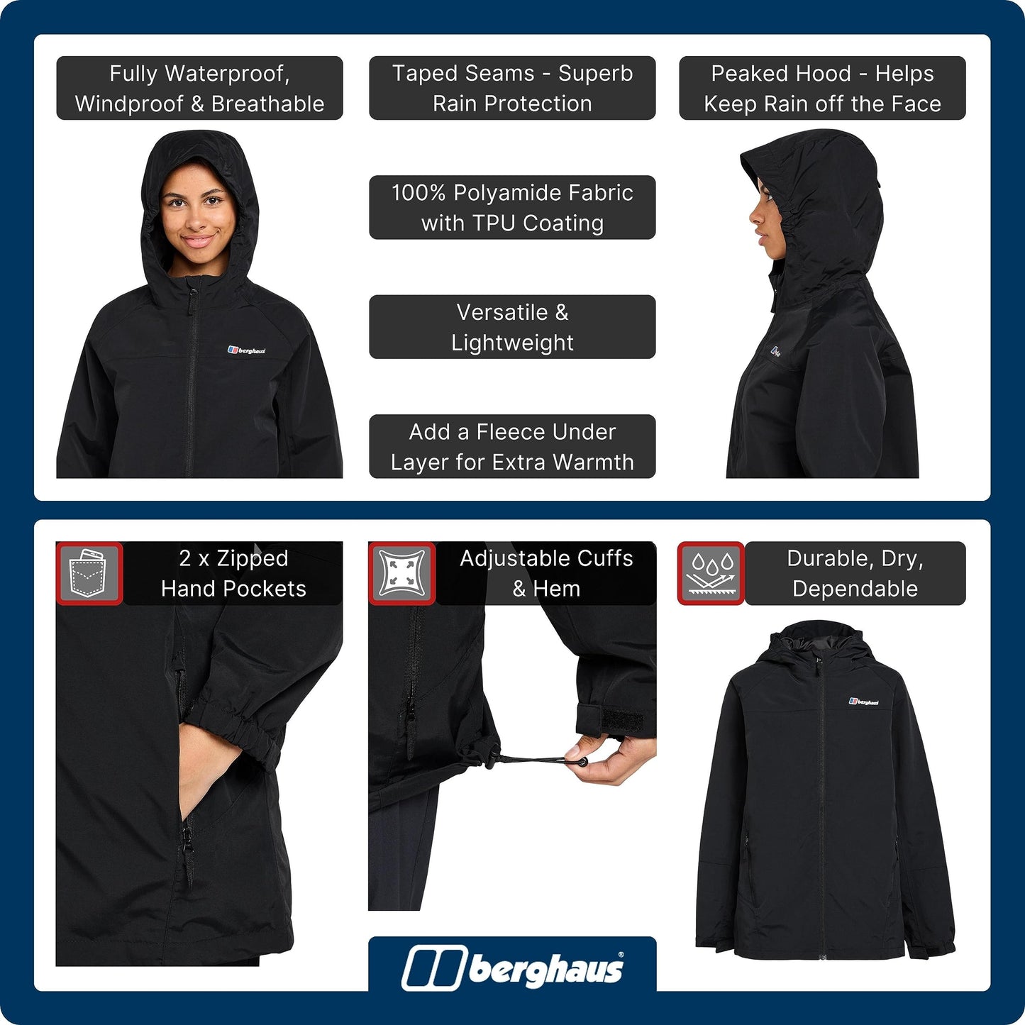 Berghaus Bowood Kids' Waterproof Jacket with Adjustable Hood, Kids' Rain Coat, Kids' Hiking & Outdoor Recreation Clothing (13 Years, Black)