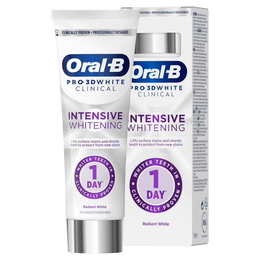 - Oral-B Pro 3D White Clinical Intensive Whitening Radiant White Toothpaste | 75ml -