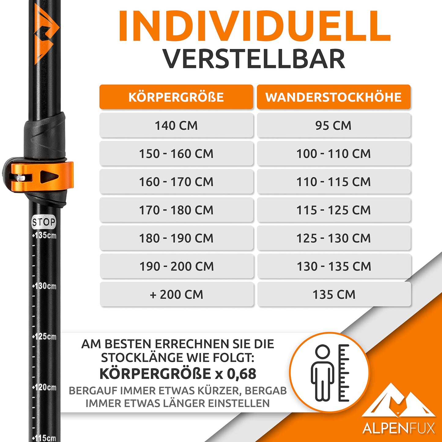 ALPENFUX® Premium Telescopic Hiking Poles, Trekking Poles, Nordic Walking Poles, Lightweight and Adjustable with Cork Handle for Men and Women, Black, Orange