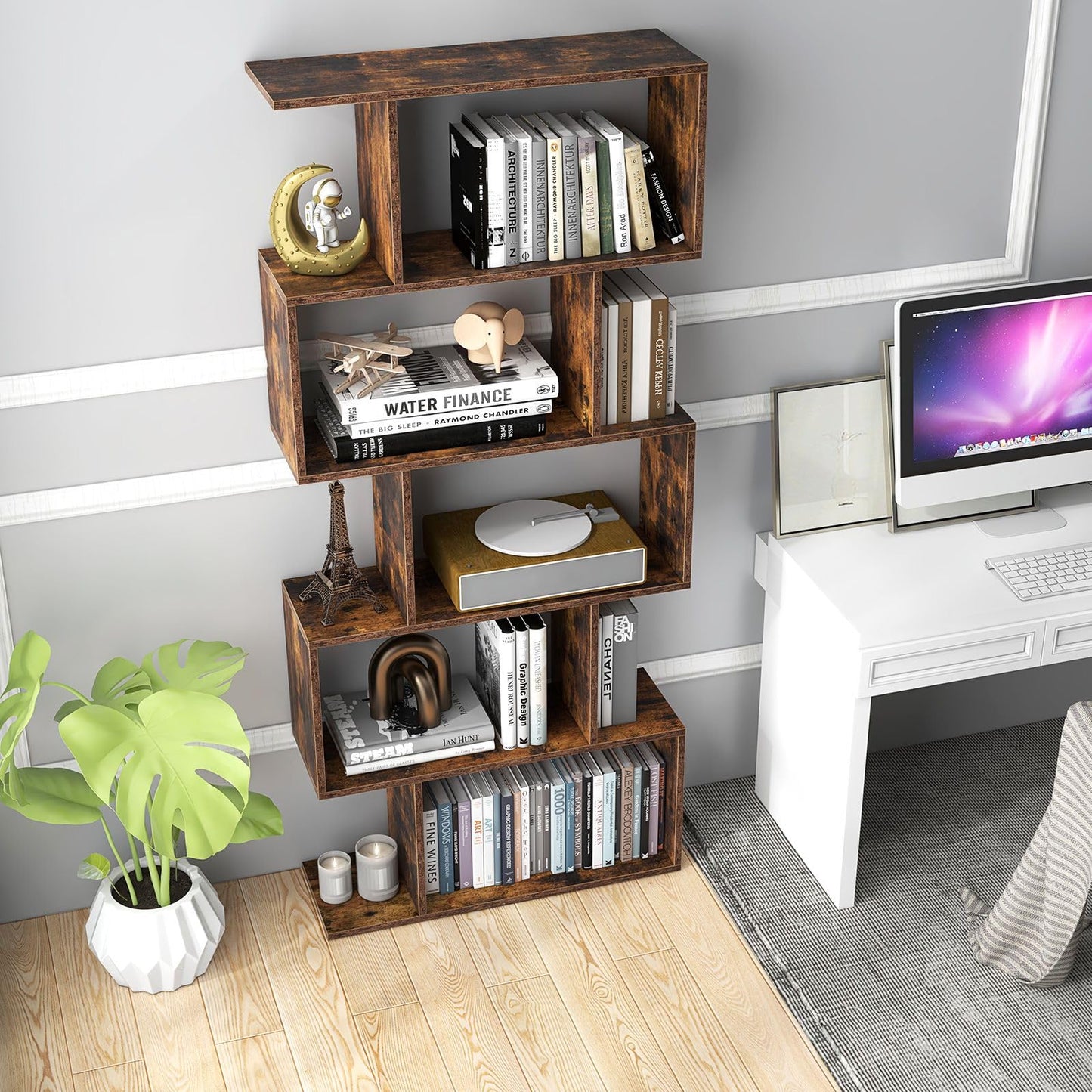 CASART 5/6 Tier Wooden Bookcase, Free Standing Shelving Stand Rack, S-Shaped Bookshelf Storage Display Unit