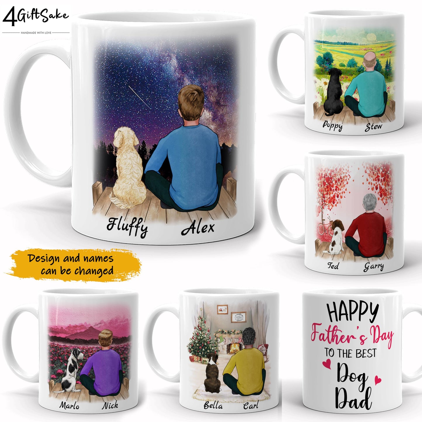 4GIFTSAKE Customised Boy Dog Coffee Mug - Ceramic Cup with Personalised Design for Dog Dad - Custom Names, Attire and Scenery - Unique Gift for Pet Lovers