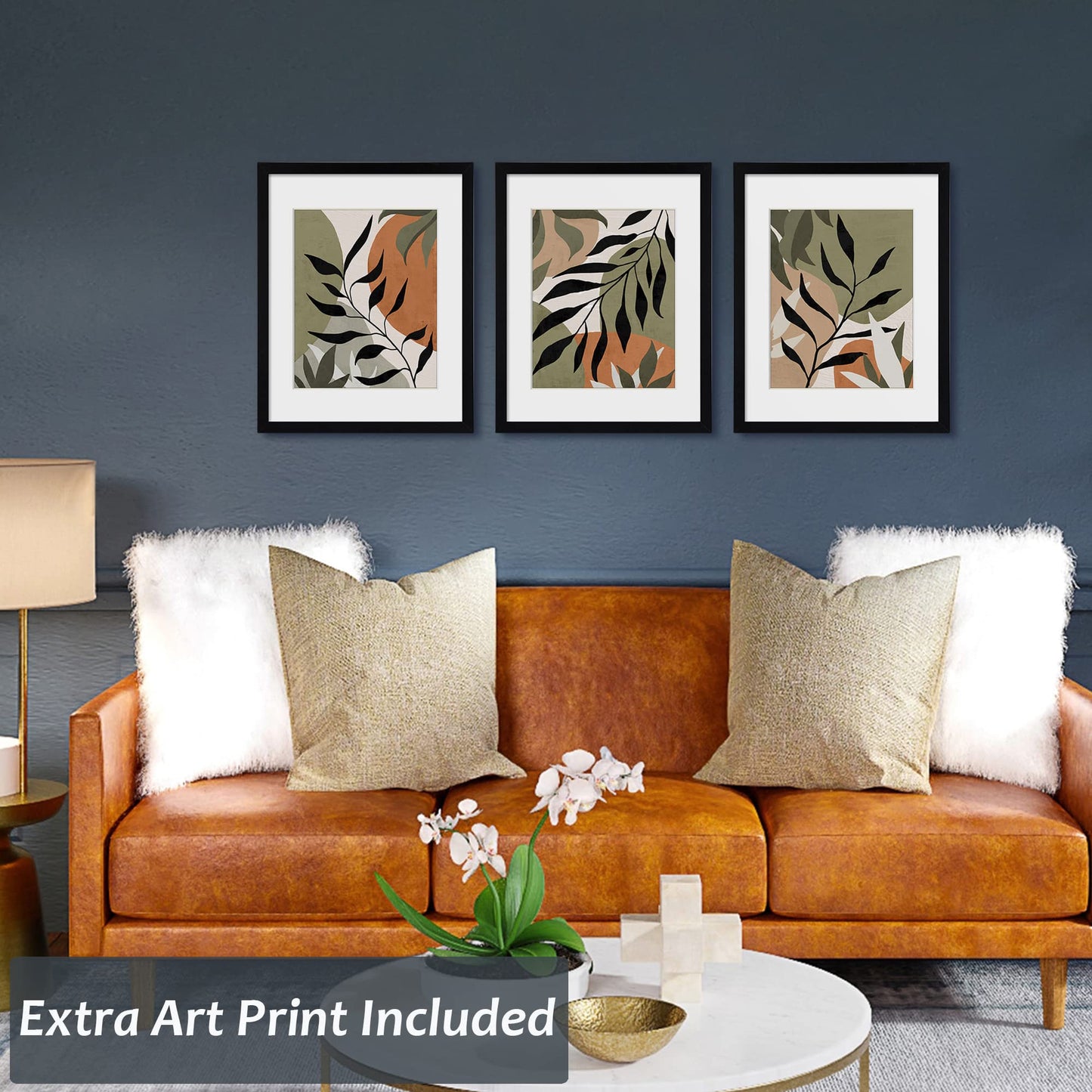 ArtbyHannah Framed Abstract Wall Art 3 Pack 11x14 IN with Brown Black Tan Blocks Prints for Wall Decor with Black Frames 29x36 cm, Extra Art Prints of Botanical Included