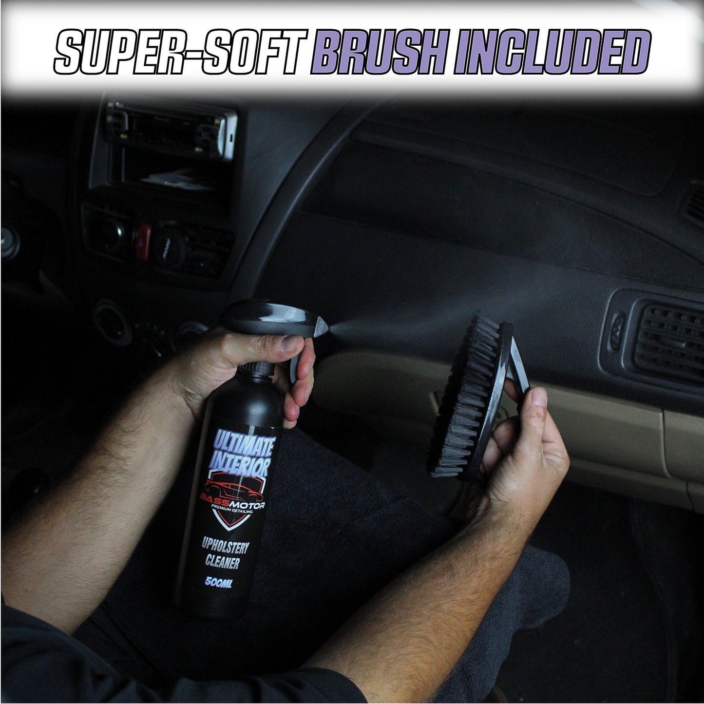 BassMotor Alcantara, Velvet, and Suede Fabric Cleaner, Cleans Seats, Carpets, and Floor Mats, Interior Stain Remover, Premium Microfiber Cloth Included - Ultimate Interior 500ml