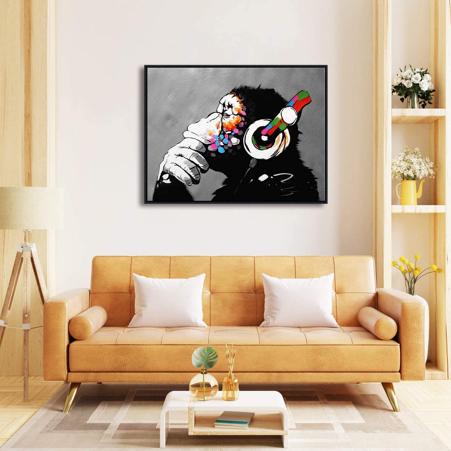 - Large Black Framed Monkey With Headphones Banksy