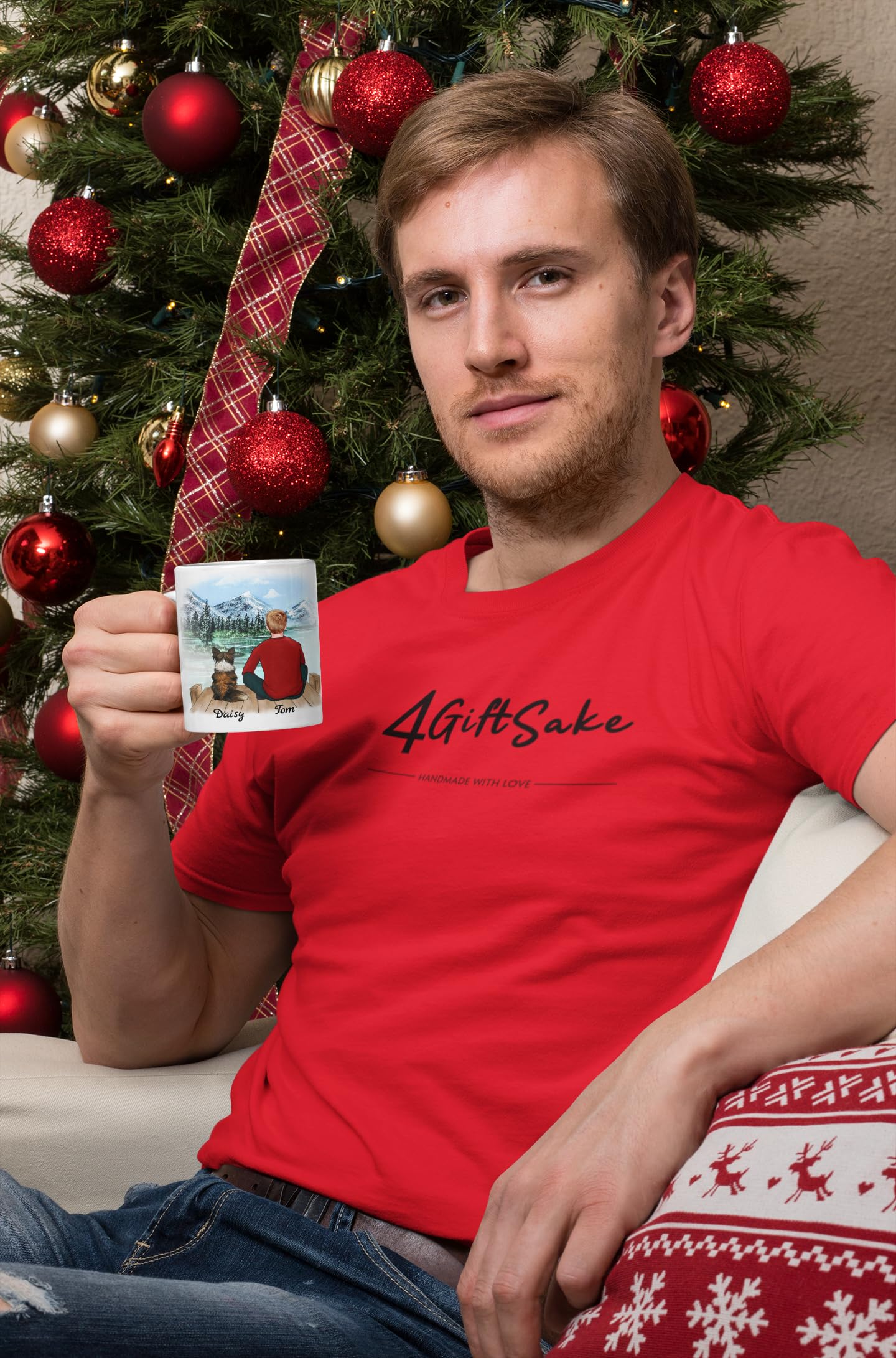 4GIFTSAKE Customised Boy Dog Coffee Mug - Ceramic Cup with Personalised Design for Dog Dad - Custom Names, Attire and Scenery - Unique Gift for Pet Lovers