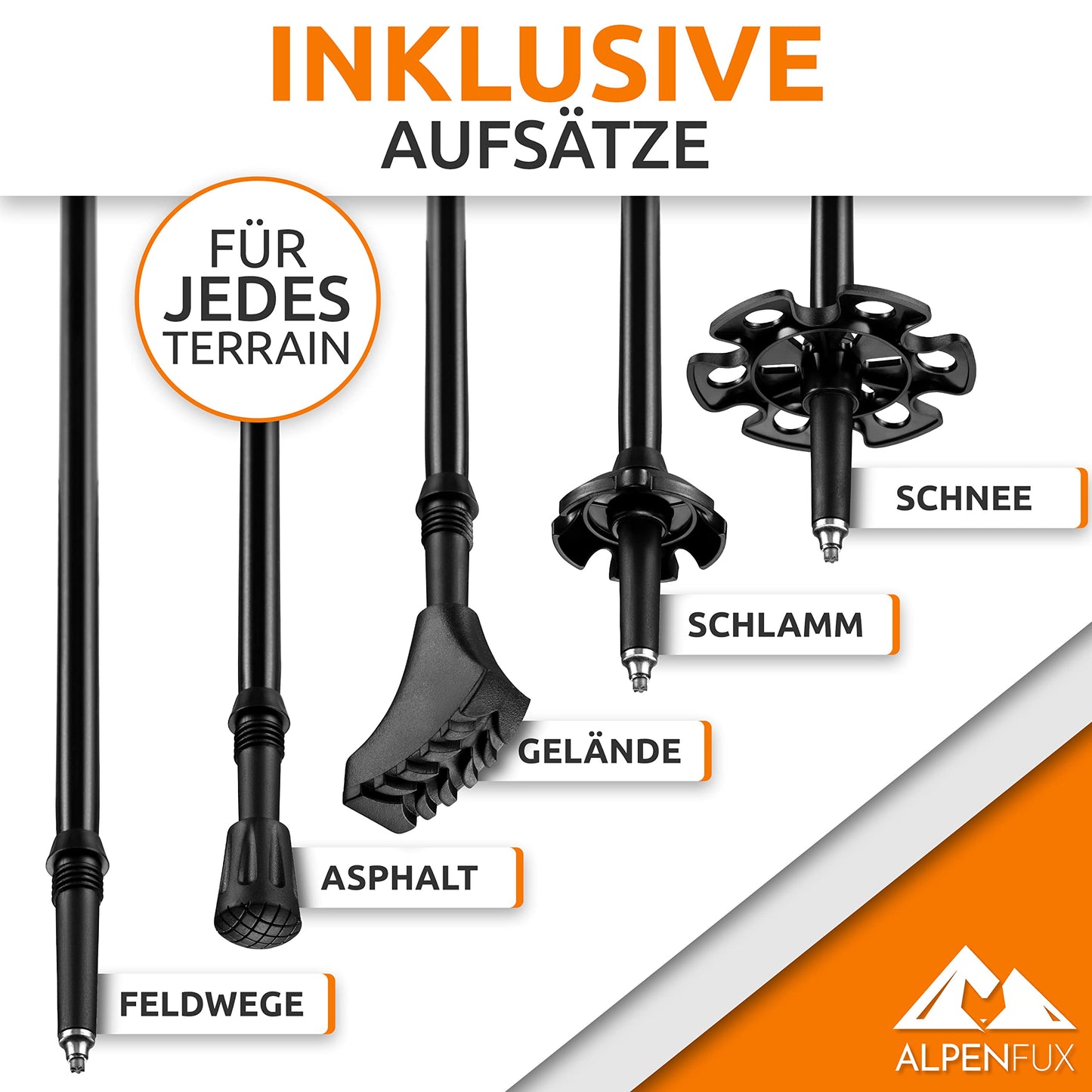 ALPENFUX® Premium Telescopic Hiking Poles, Trekking Poles, Nordic Walking Poles, Lightweight and Adjustable with Cork Handle for Men and Women, Black, Orange