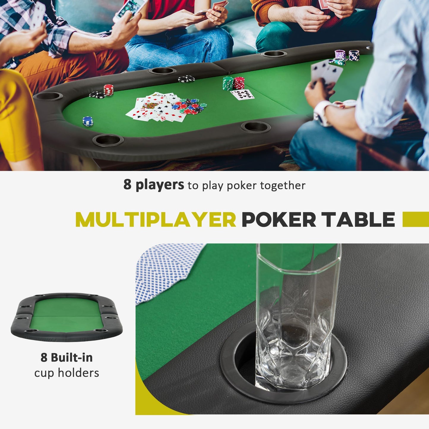 - HOMCOM Poker Table 1.85m Folding Top for | 8 Players Casino | Chip Trays | Drink Holders -