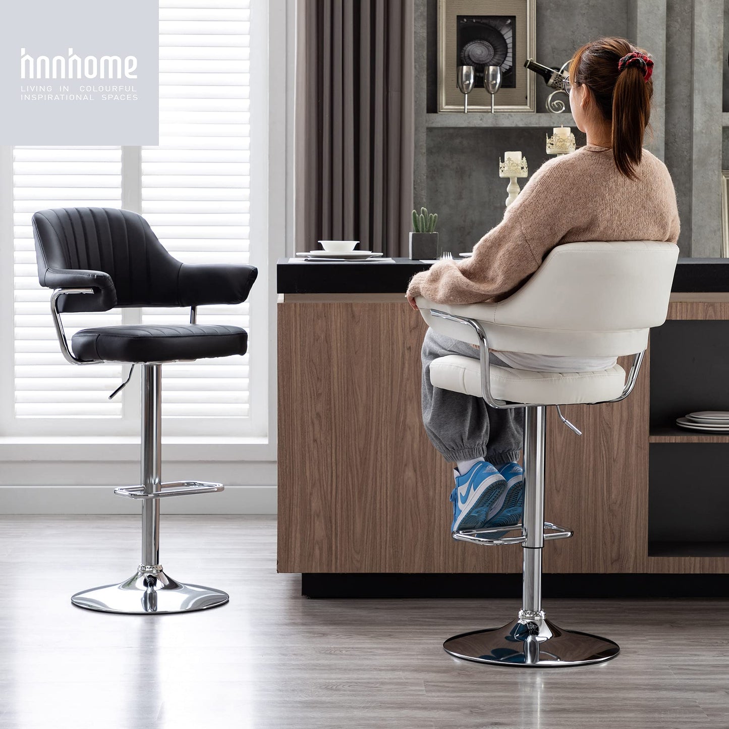 - HNNHOME Modern Emper Padded Swivel Faux Leather | Breakfast Kitchen Bar Stool -