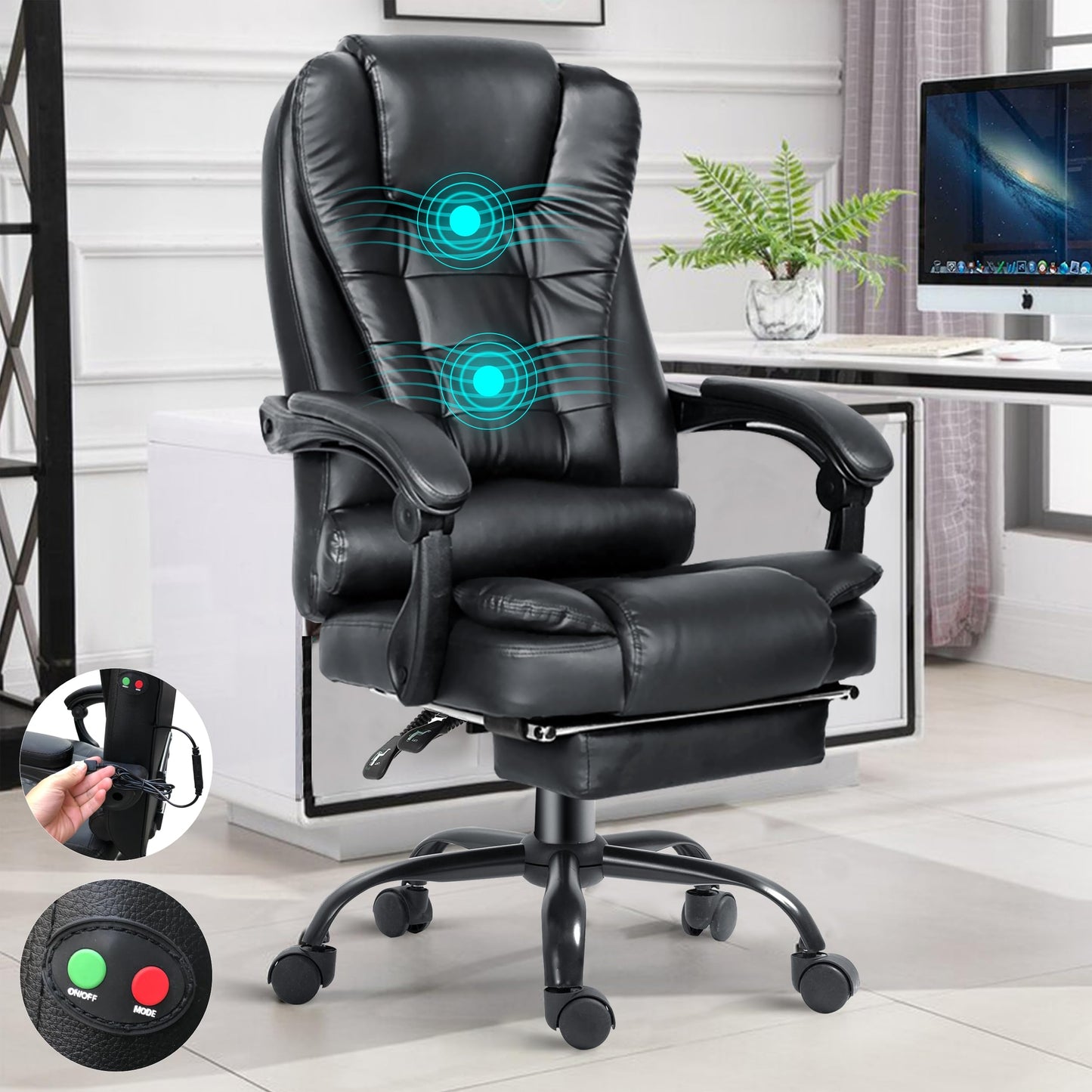 Blisswood Executive Office Chair For Home, 2 Point Massage Office Chair With Footrest & Lumbar Support, Recliner Computer Desk Chair, Ergonomic Swivel Gaming Chair Black For Home Office