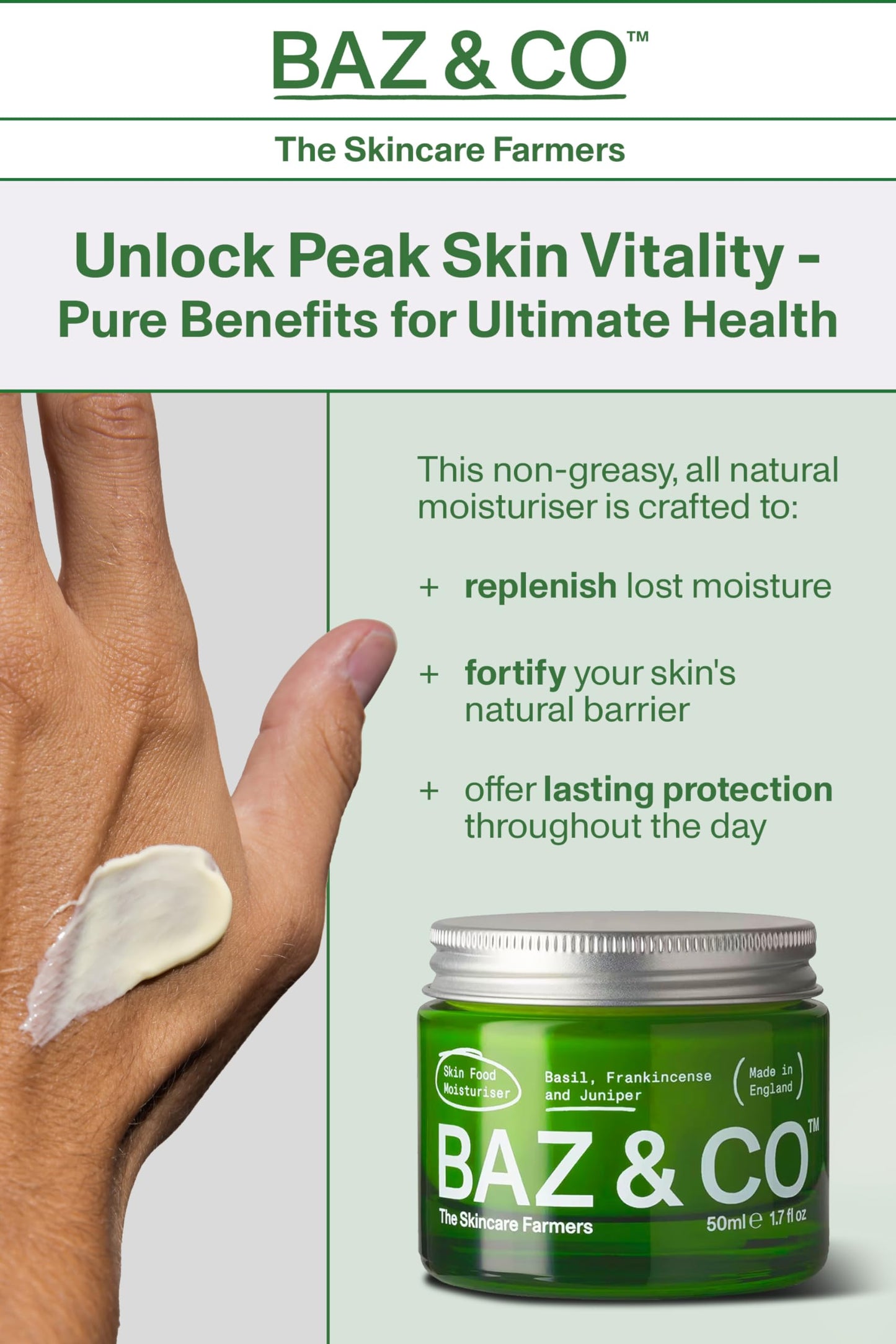 BAZ & CO Skin Food Moisturiser Face Cream for Men 50ml with Basil, Frankincense and Juniper