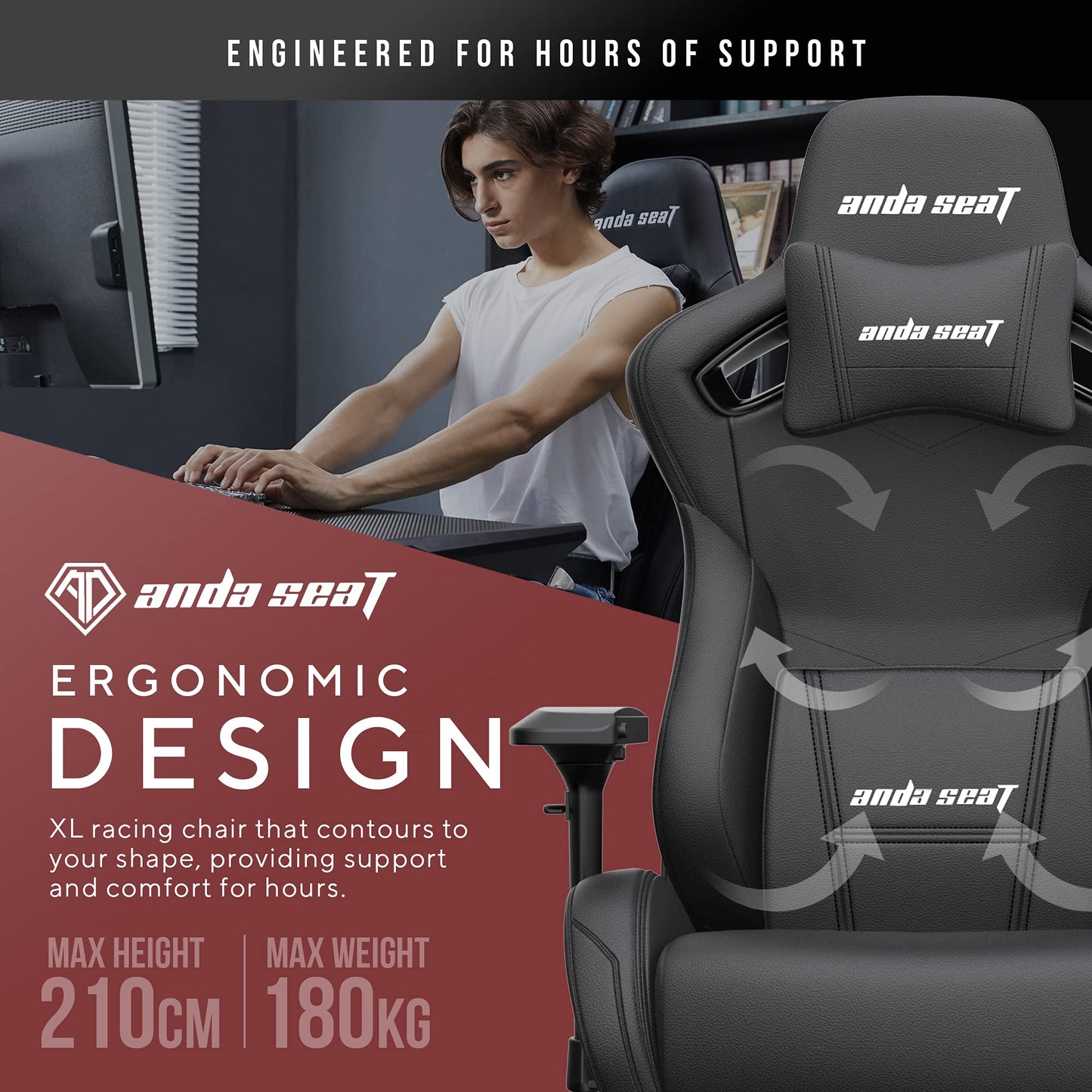Anda Seat Kaiser 2 XL Gaming Chair - Ergonomic Reclining Video Game Chairs, PVC Leather Computer Home Office Chair, Heavy Duty Neck & Back Lumbar Support - Black Folding Recliner Seat for Adults