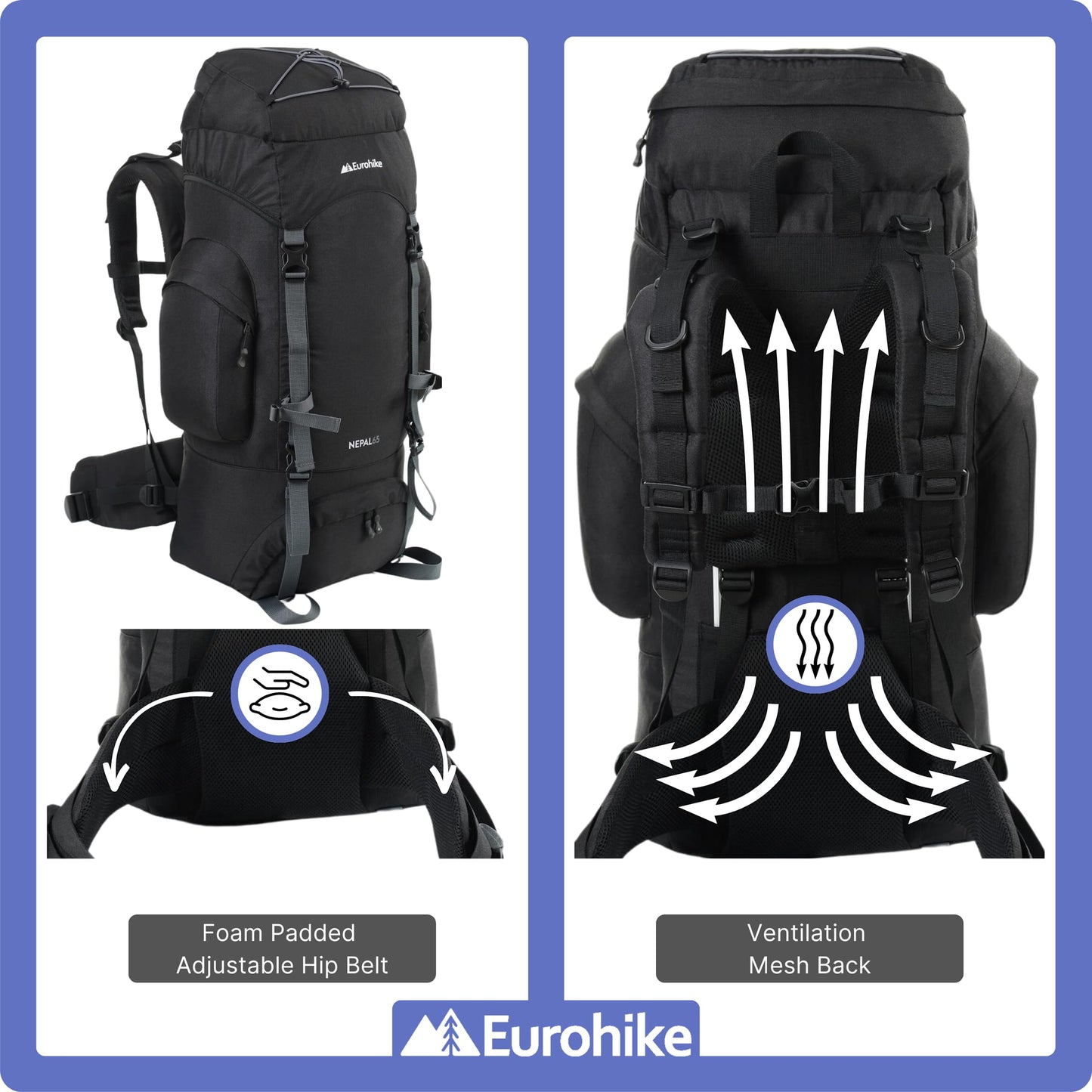 - Eurohike Nepal 65 Litre Rucksack | Ventilated Back Panel |  Padded Harness | 65L Backpack -
