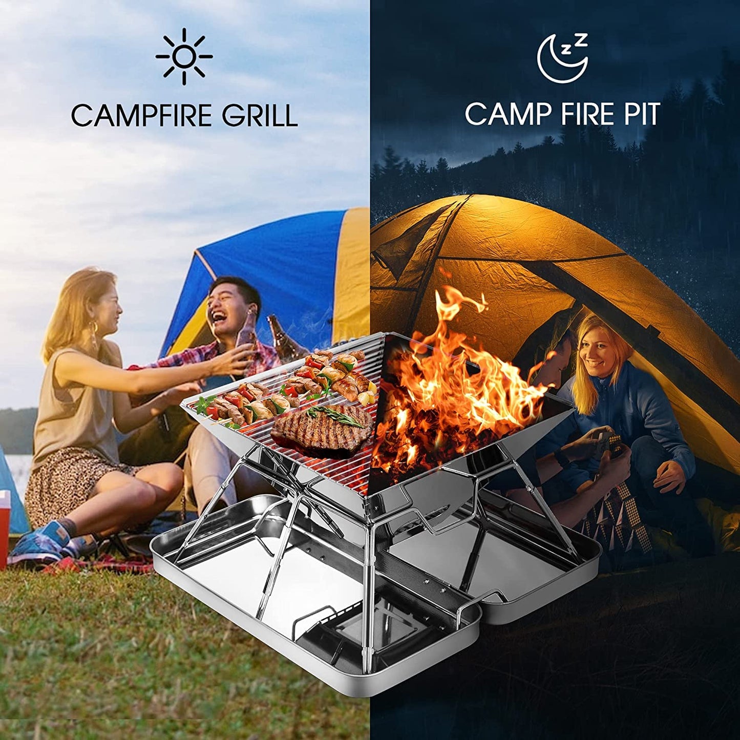- KAHEIGN Stainless Steel Fire Pit | Foldable BBQ Grill Rack | Portable Campfire Pit -