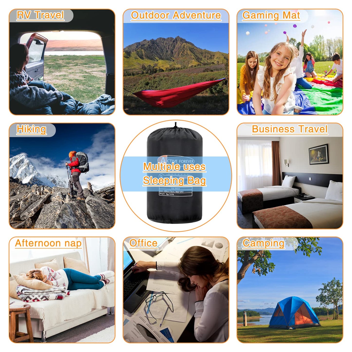 ACTIVE FOREVER Rectangular Sleeping Bag 3 Seasons - Lightweight Camping Sleeping Bags for Kids and Adults Indoor & Outdoor, Sleeping bag with Compression Sack for Hiking Backpacking, Black